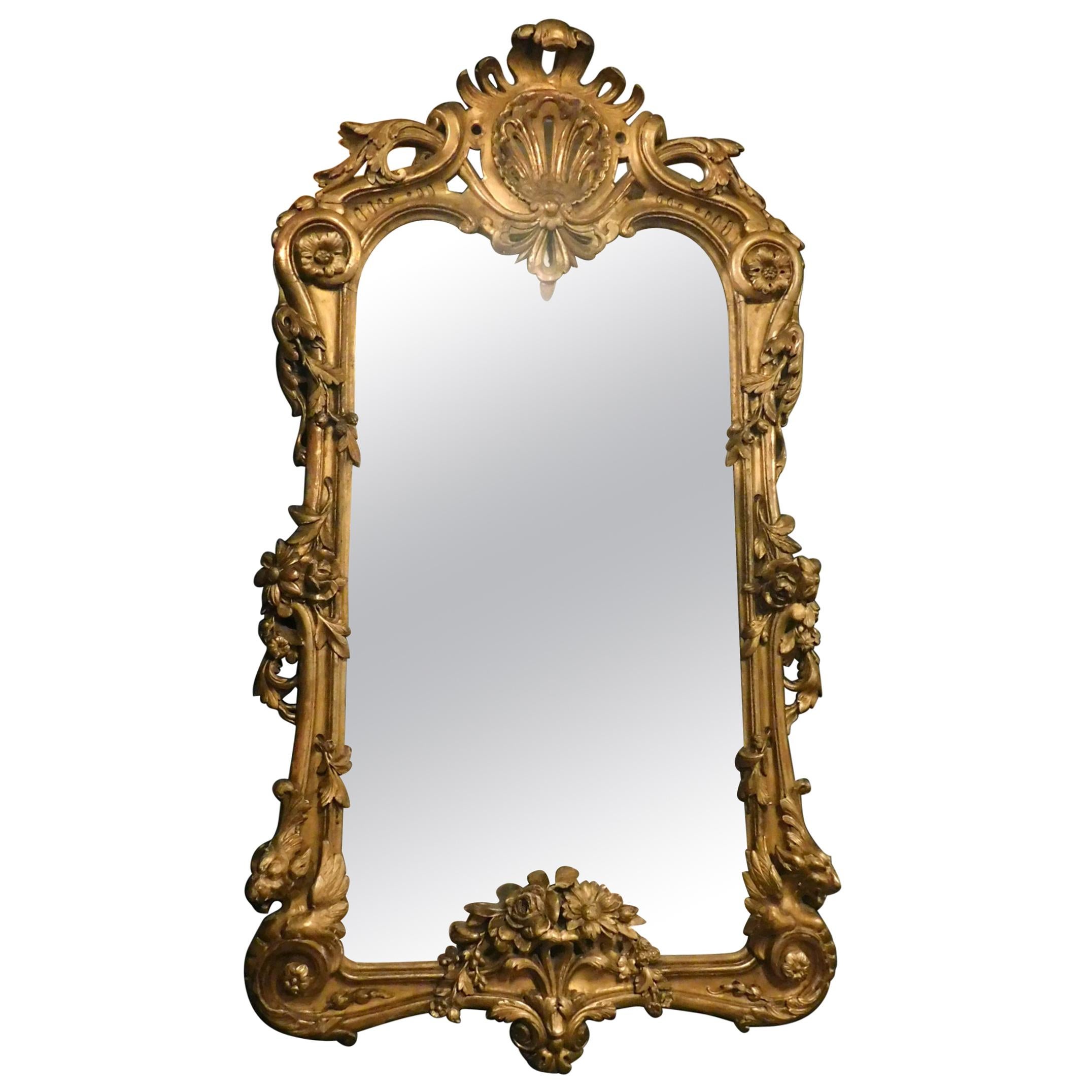 Antique Carved Golden Wood Mirror, 1800, Italy For Sale