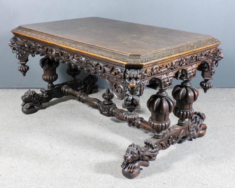 Antique Carved Gothic Revival Victorian Oak Library Table In Good Condition For Sale In Tetbury, GB
