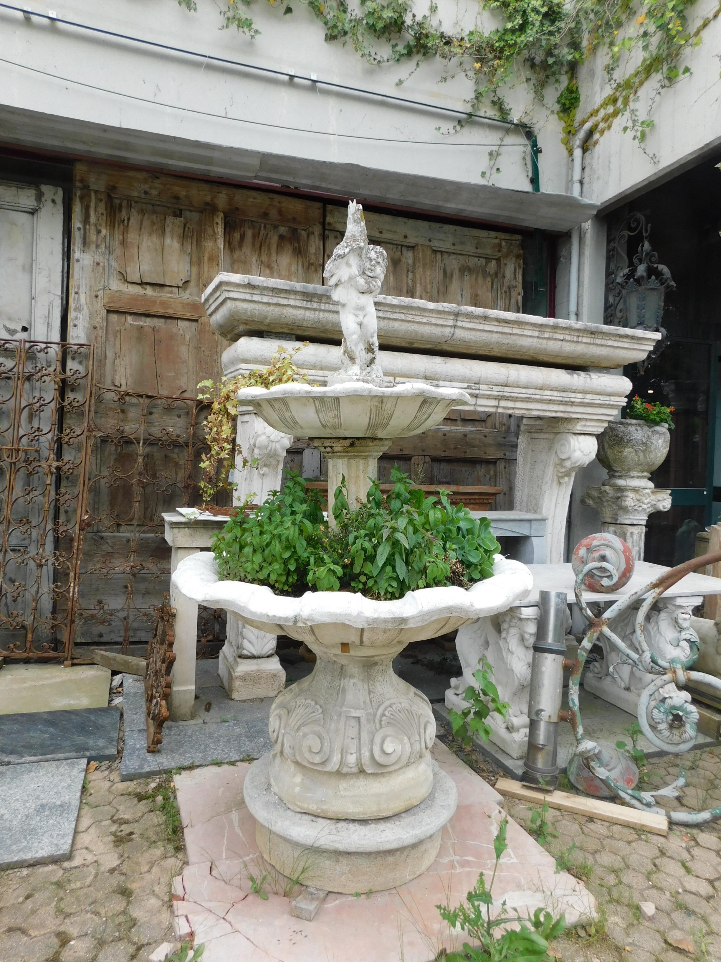Italian Antique Carved Gray Stone Fountain with Putto, Double Basin, 19th Century, Italy