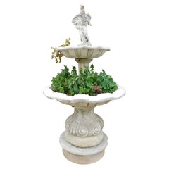 Antique Carved Gray Stone Fountain with Putto, Double Basin, 19th Century, Italy