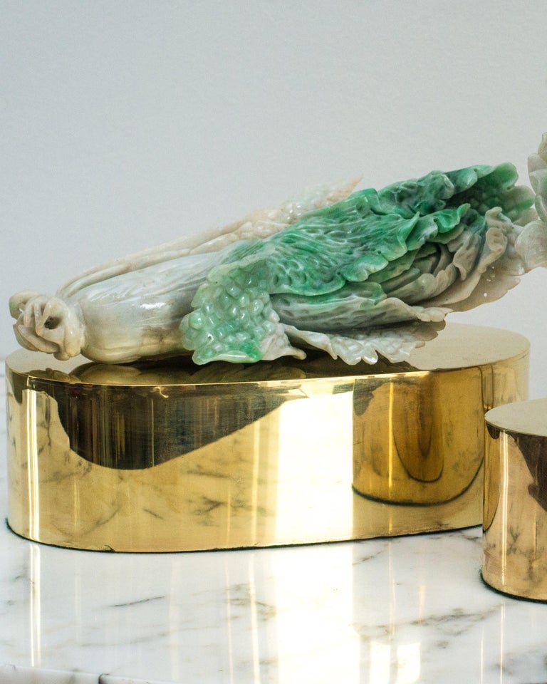 Antique Carved Green Jade Cabbage on Brass Base by Studio Maison Nurita