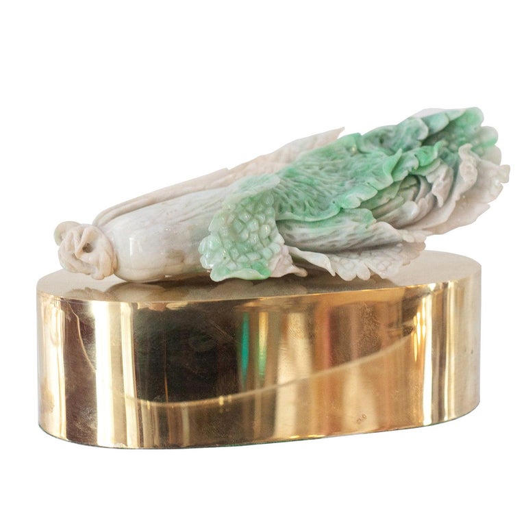 Antique Carved Green Jade Cabbage on Brass Base by Studio Maison Nurita