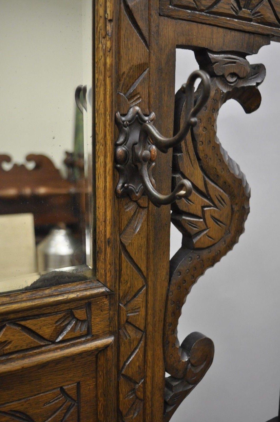European Antique Carved Griffin Oak Jacobean Renaissance Hall Tree Coat Umbrella Stand