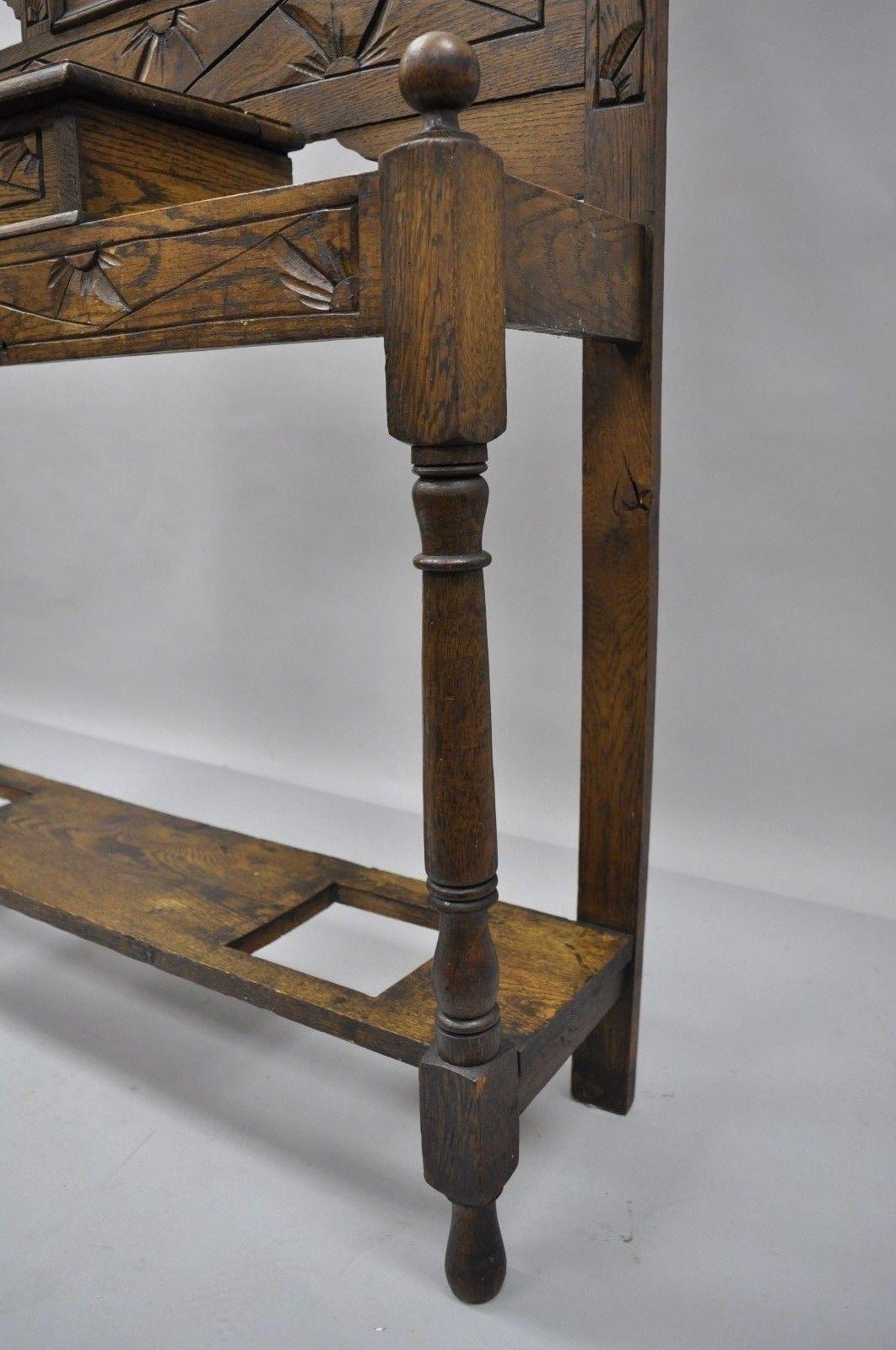 Antique Carved Griffin Oak Jacobean Renaissance Hall Tree Coat Umbrella Stand In Good Condition In Philadelphia, PA