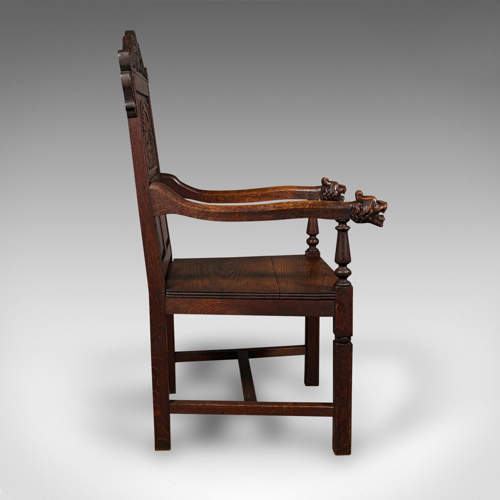 Antique Carved Hall Chair, Scottish, Oak, Decorative Elbow Seat, Victorian, 1860 In Good Condition In Hele, Devon, GB