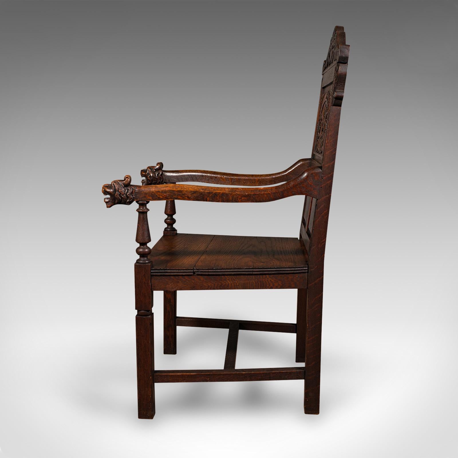 19th Century Antique Carved Hall Chair, Scottish, Oak, Decorative Elbow Seat, Victorian, 1860