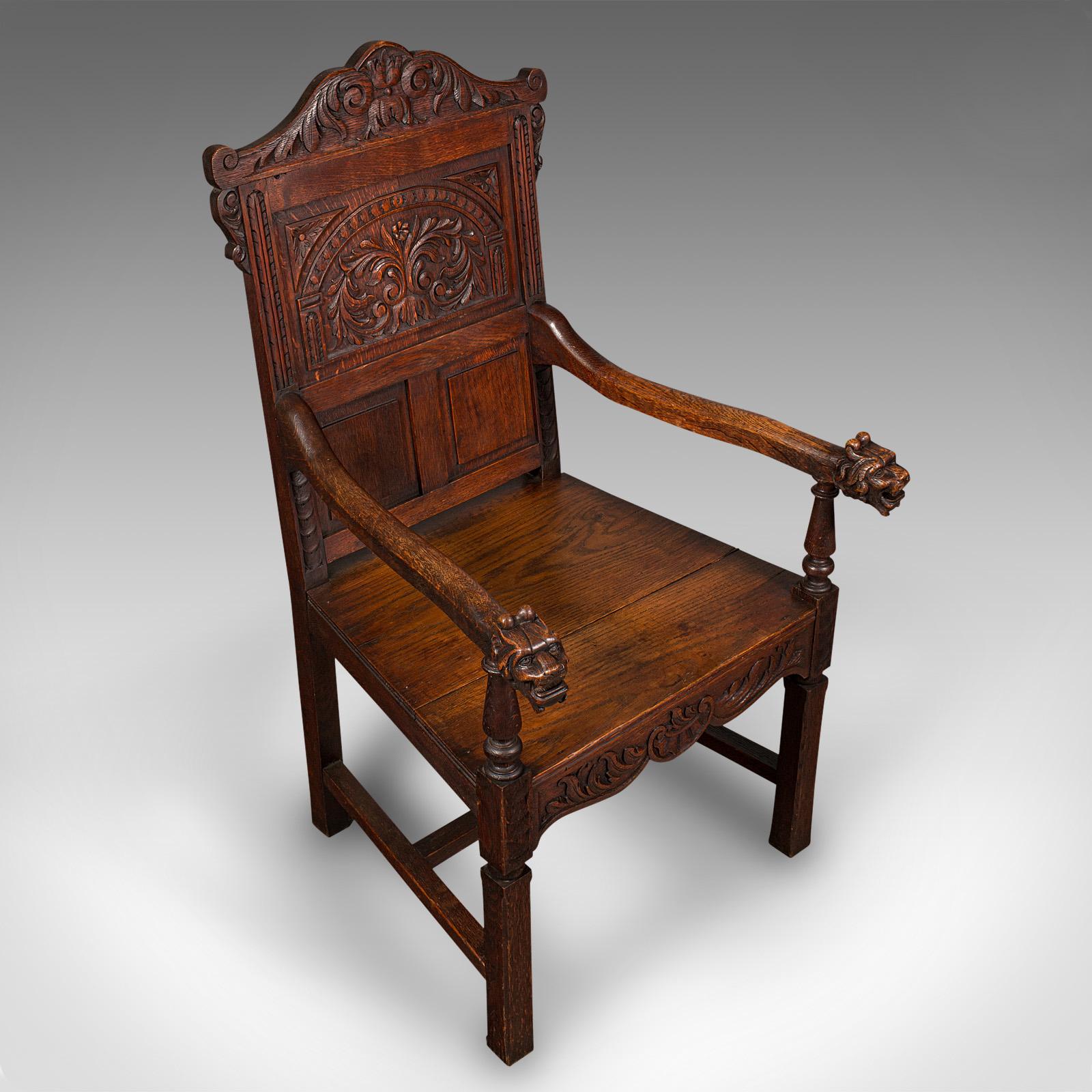 Antique Carved Hall Chair, Scottish, Oak, Decorative Elbow Seat, Victorian, 1860 2