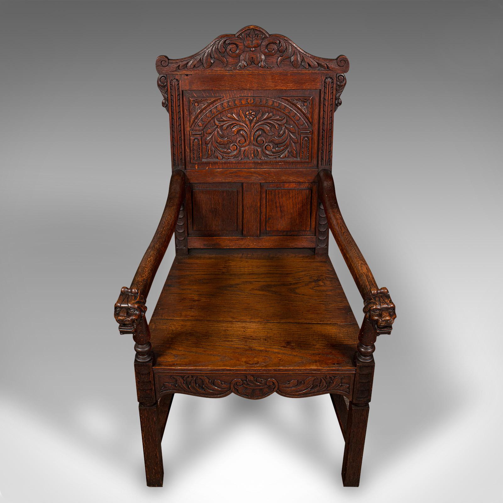 Antique Carved Hall Chair, Scottish, Oak, Decorative Elbow Seat, Victorian, 1860 3