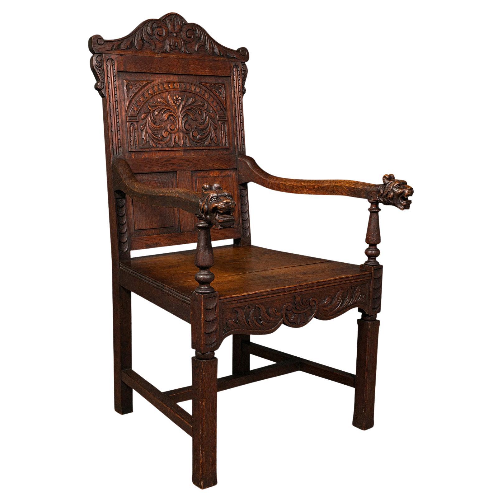 Antique Carved Hall Chair, Scottish, Oak, Decorative Elbow Seat, Victorian, 1860