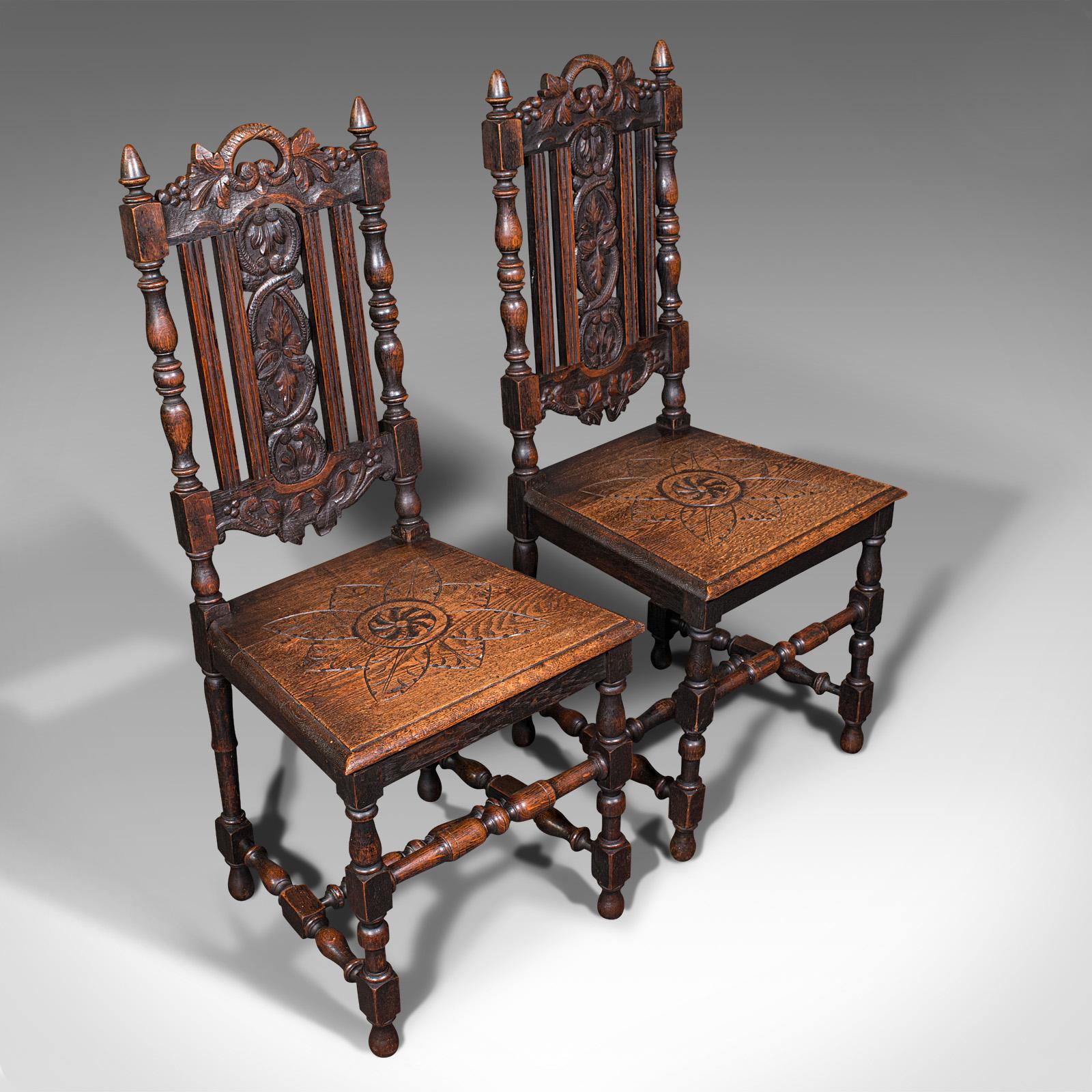 Antique Carved Hall Chairs, Scottish, Oak, Decorative, Side Seat, Victorian 2