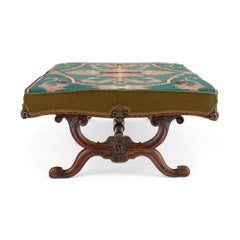 Antique Carved Hardwood and Upholstered Victorian Stool