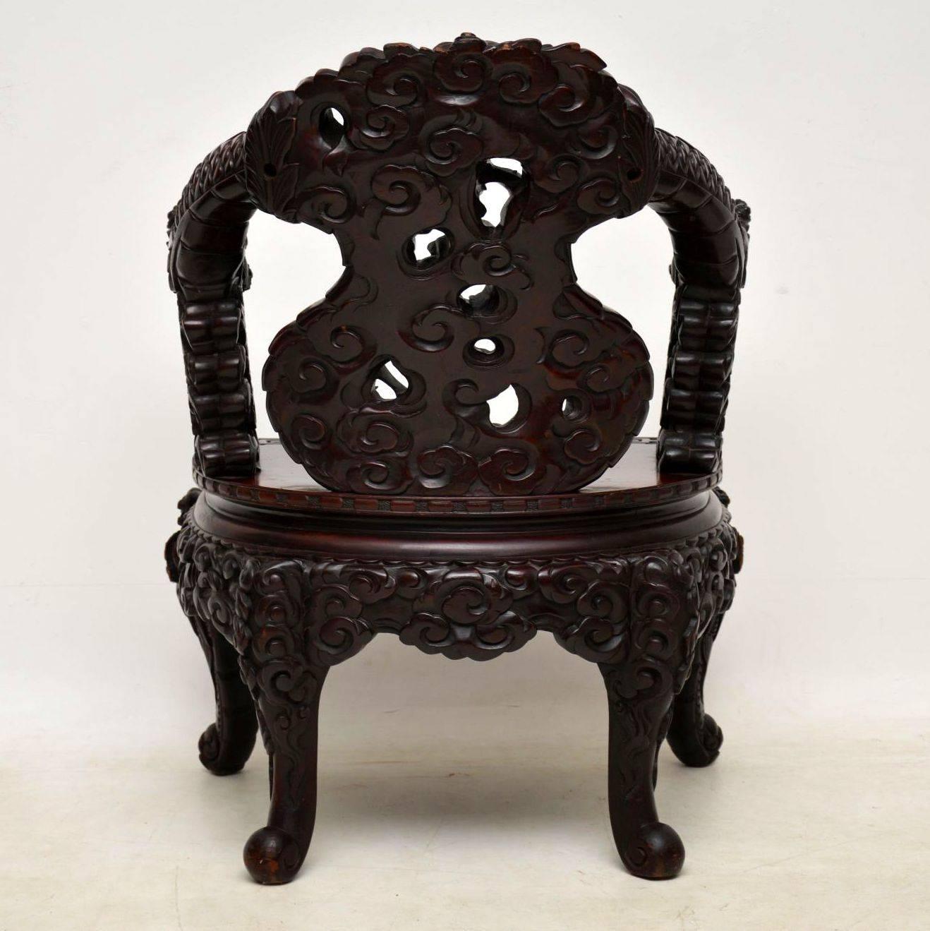 Antique Carved Hardwood Chinese Armchair In Excellent Condition In London, GB