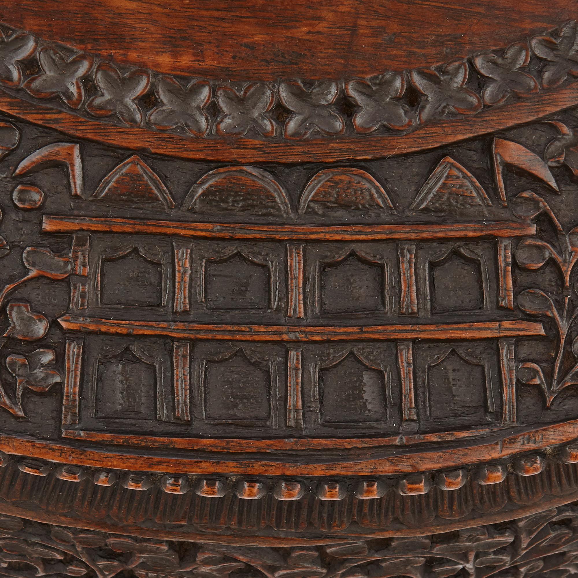 Carved Antique carved hardwood circular side table with rosewood top, Myanmar  For Sale