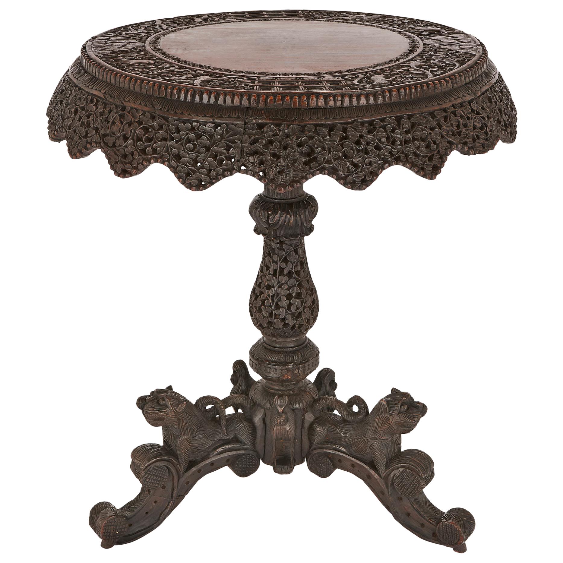 Antique carved hardwood circular side table with rosewood top, Myanmar  For Sale