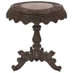 Antique carved hardwood circular side table with rosewood top, Myanmar 