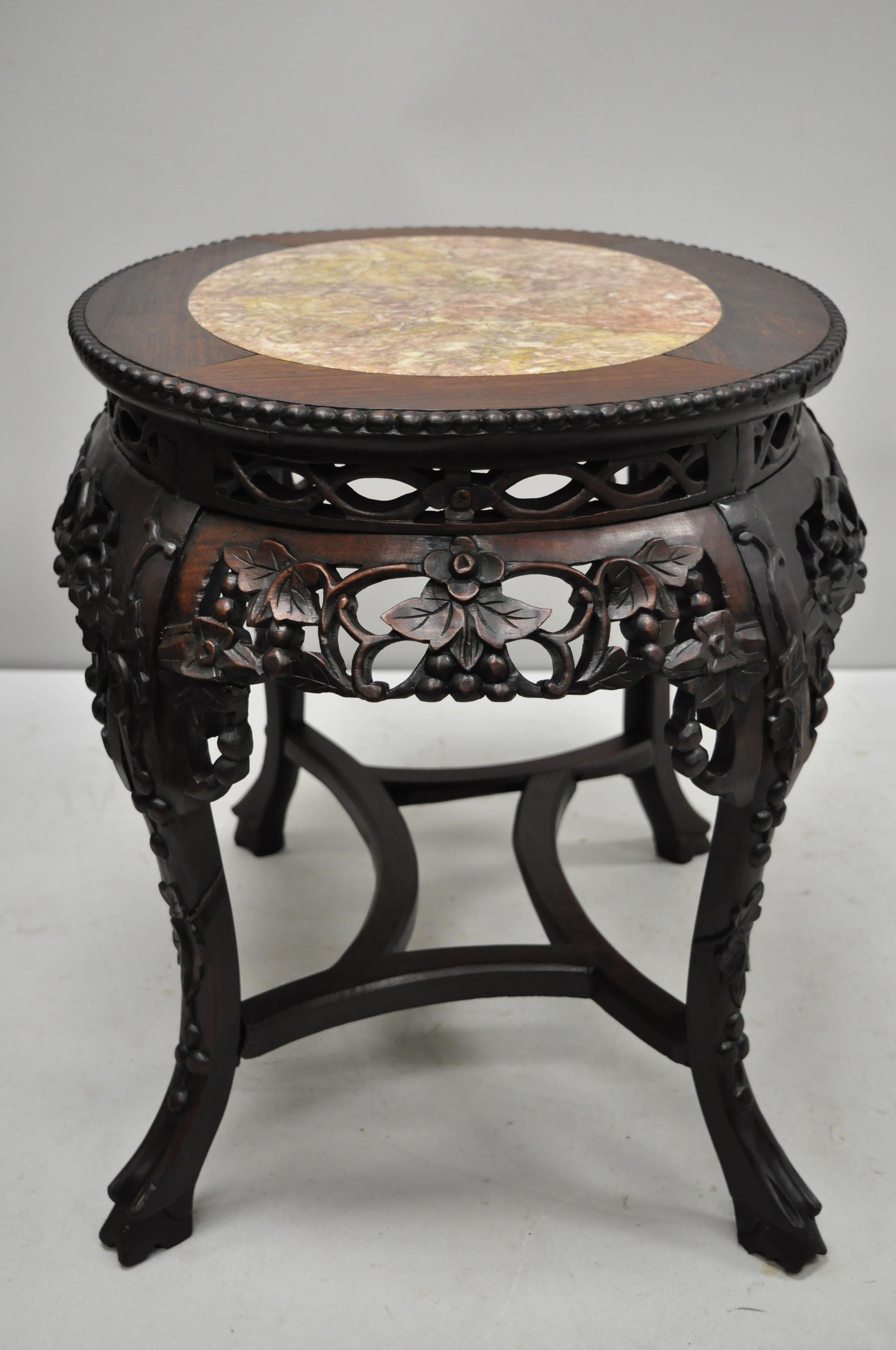 Antique Carved Hardwood Rosewood Marble-Top Chinese Oval Coffee Side Table 'F' 5
