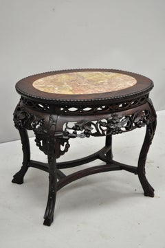 Antique Carved Hardwood Rosewood Marble-Top Chinese Oval Coffee Side Table 'F'