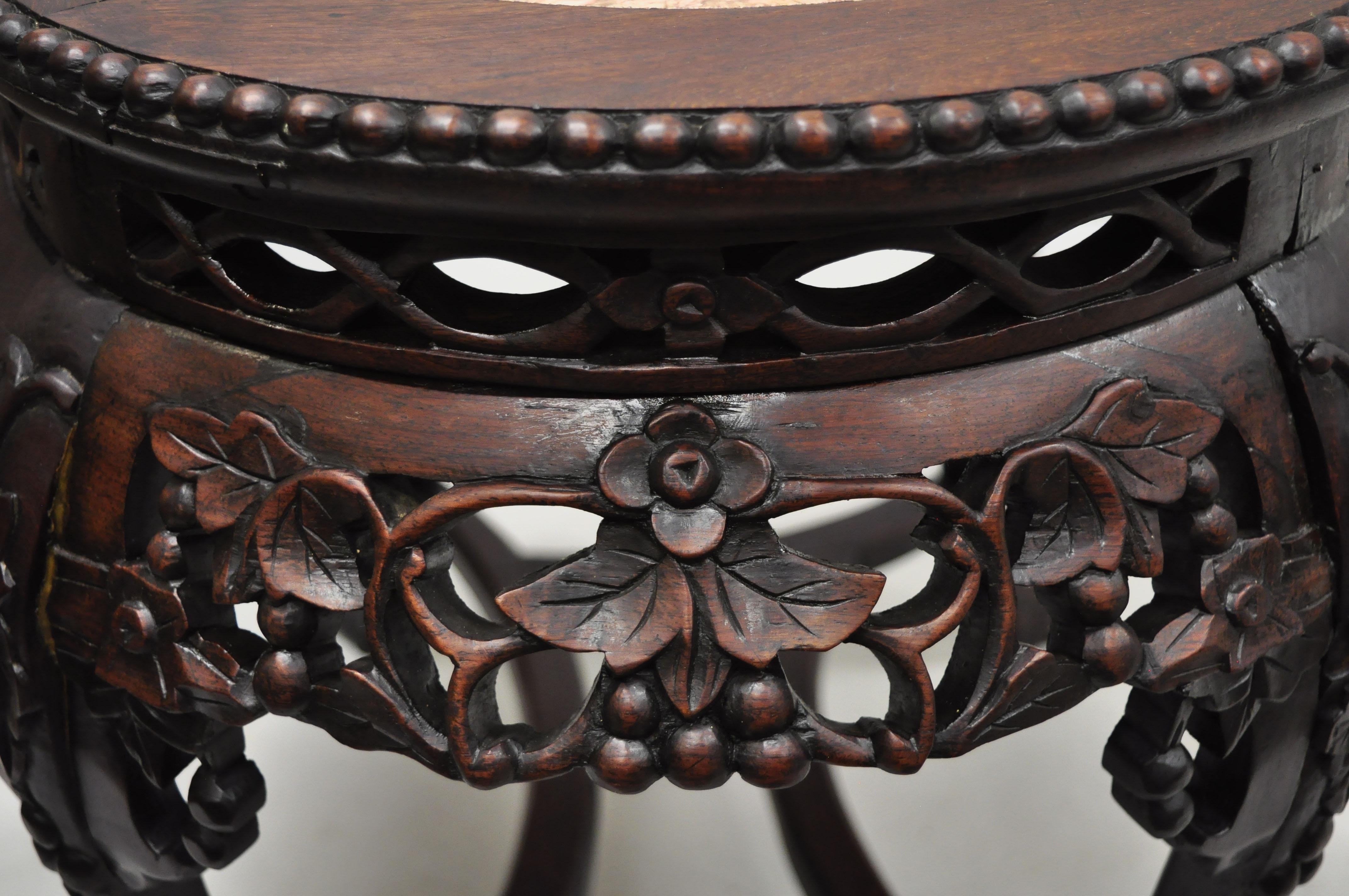 Chinoiserie Antique Carved Hardwood Rosewood Marble-Top Chinese Oval Coffee Side Table 'F'