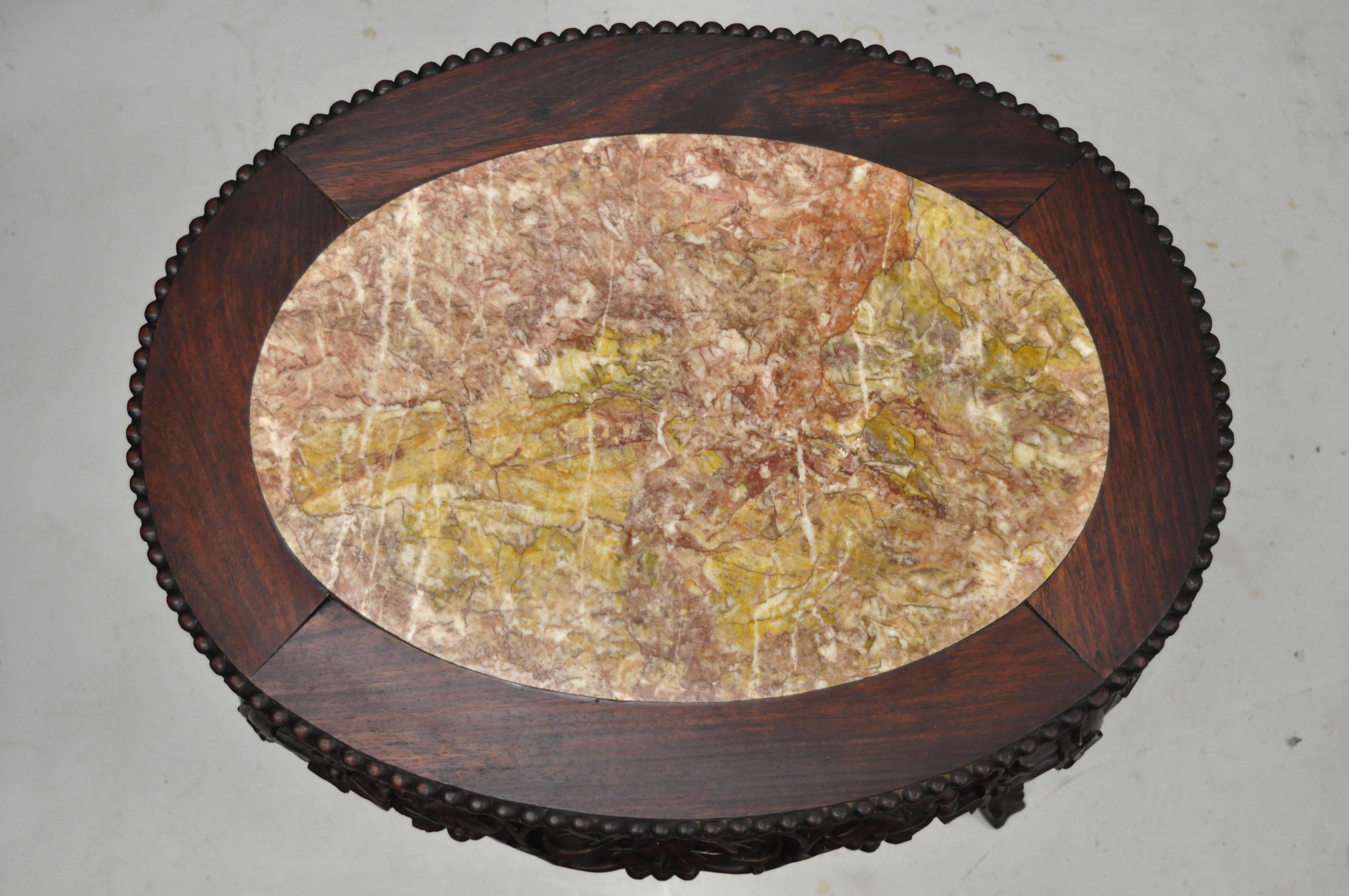 Antique Carved Hardwood Rosewood Marble-Top Chinese Oval Coffee Side Table 'F' In Good Condition In Philadelphia, PA