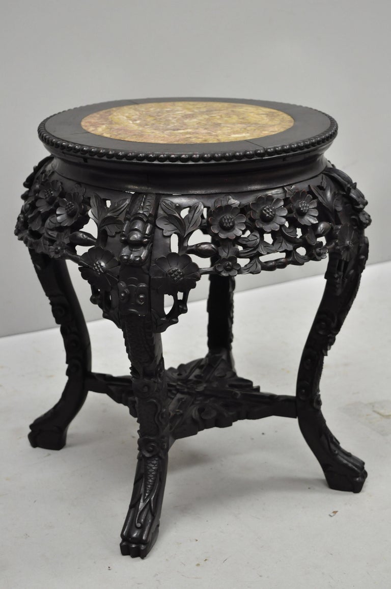 Antique Carved Hardwood Rosewood Marble Top Chinese Pedestal Table
