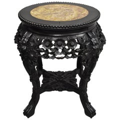 Antique Carved Hardwood Rosewood Marble Top Chinese Pedestal Table Plant Stand A