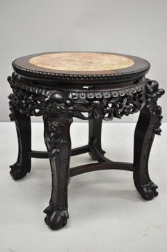 Antique Carved Hardwood Rosewood Marble-Top Chinese Pedestal Table Plant Stand B