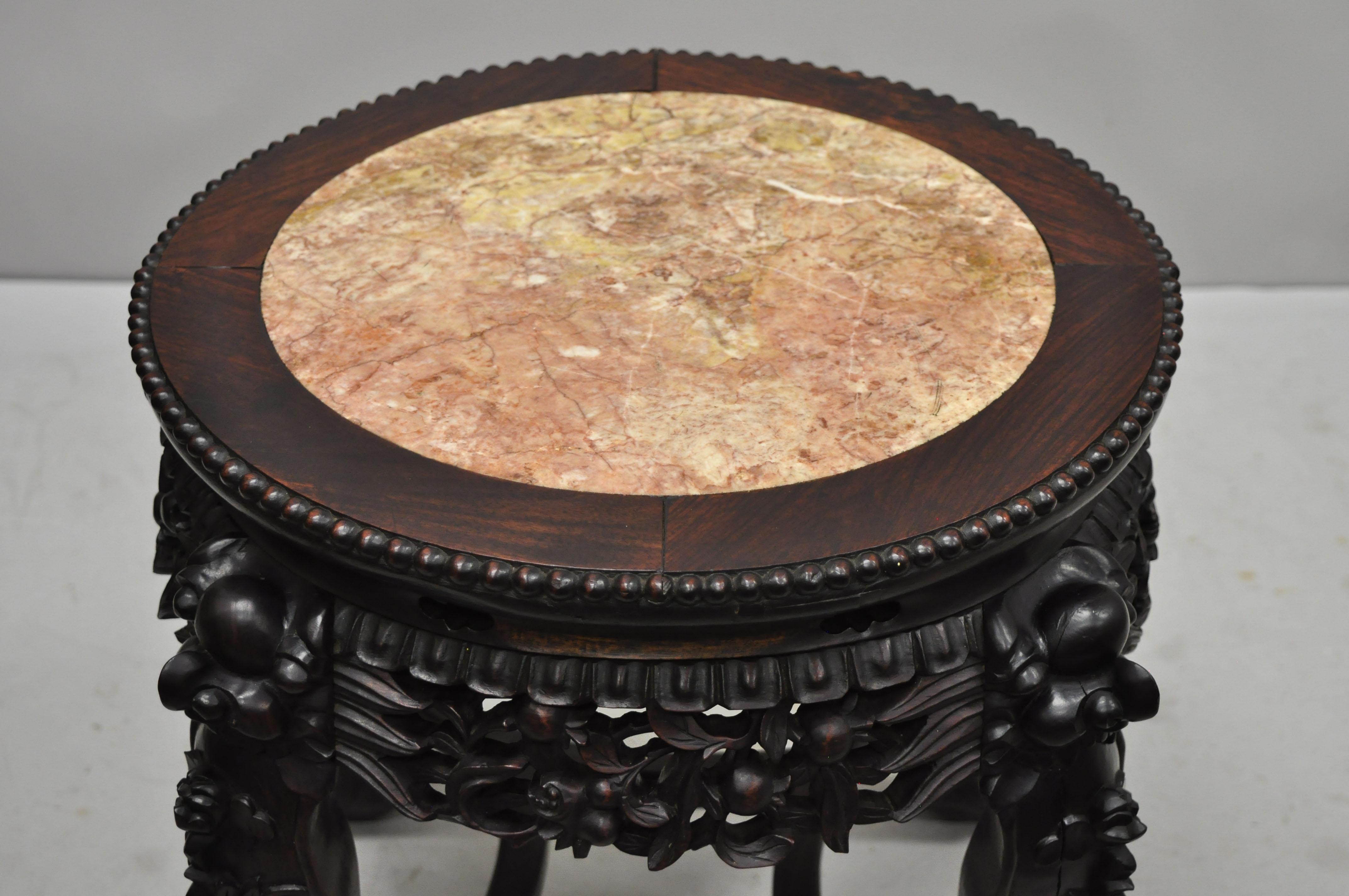 Chinoiserie Antique Carved Hardwood Rosewood Marble-Top Chinese Pedestal Table Plant Stand B