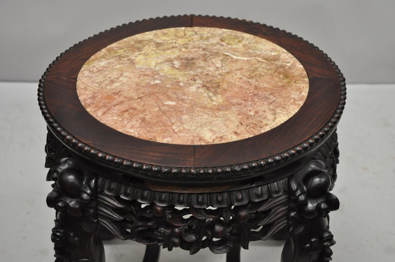 Chinoiserie Antique Carved Hardwood Rosewood Marble-Top Chinese Pedestal Table Plant Stand B For Sale