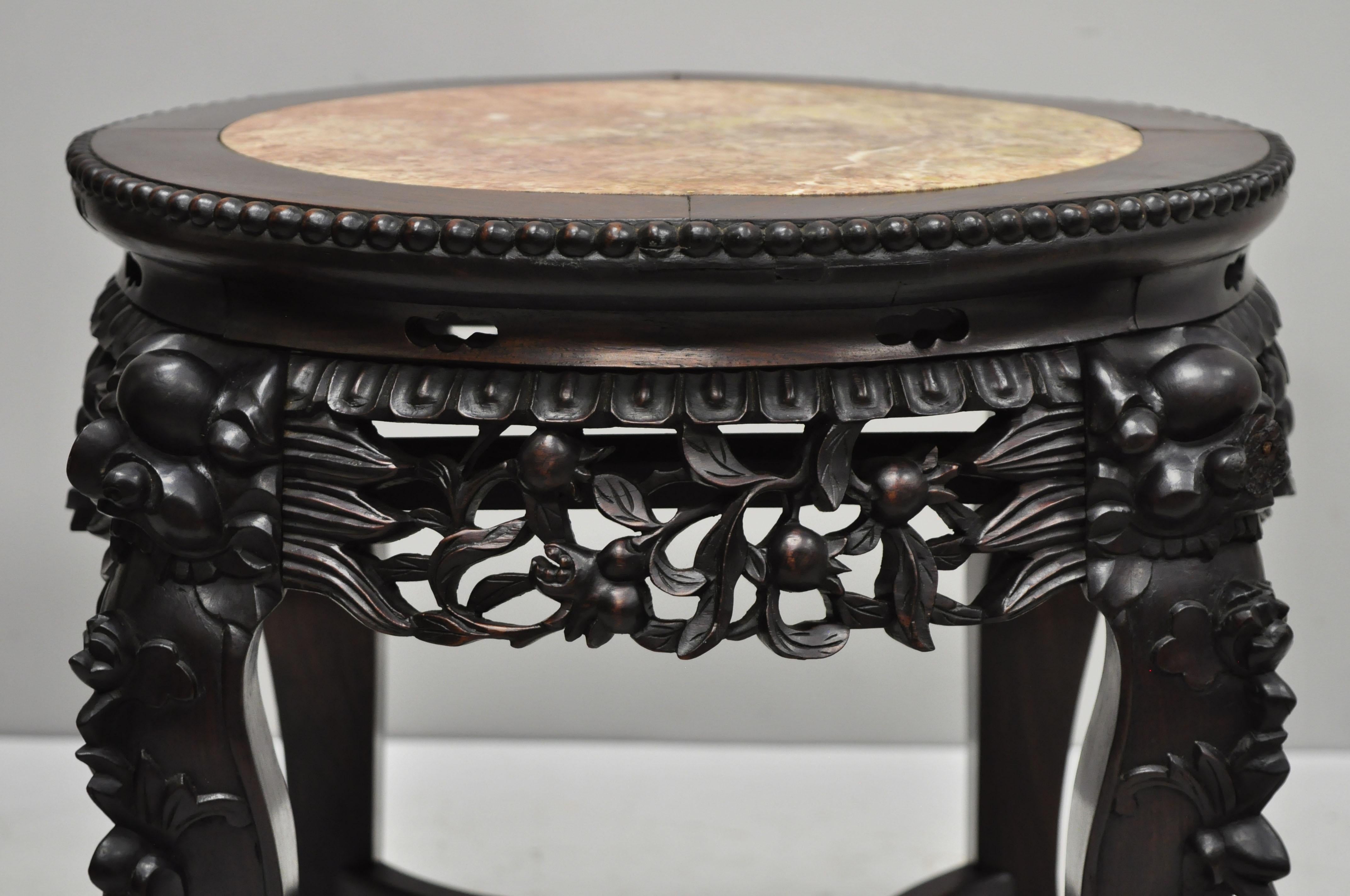 Antique Carved Hardwood Rosewood Marble-Top Chinese Pedestal Table Plant Stand B 1