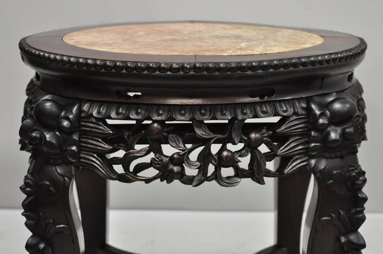 Antique Carved Hardwood Rosewood Marble-Top Chinese Pedestal Table Plant Stand B For Sale 1