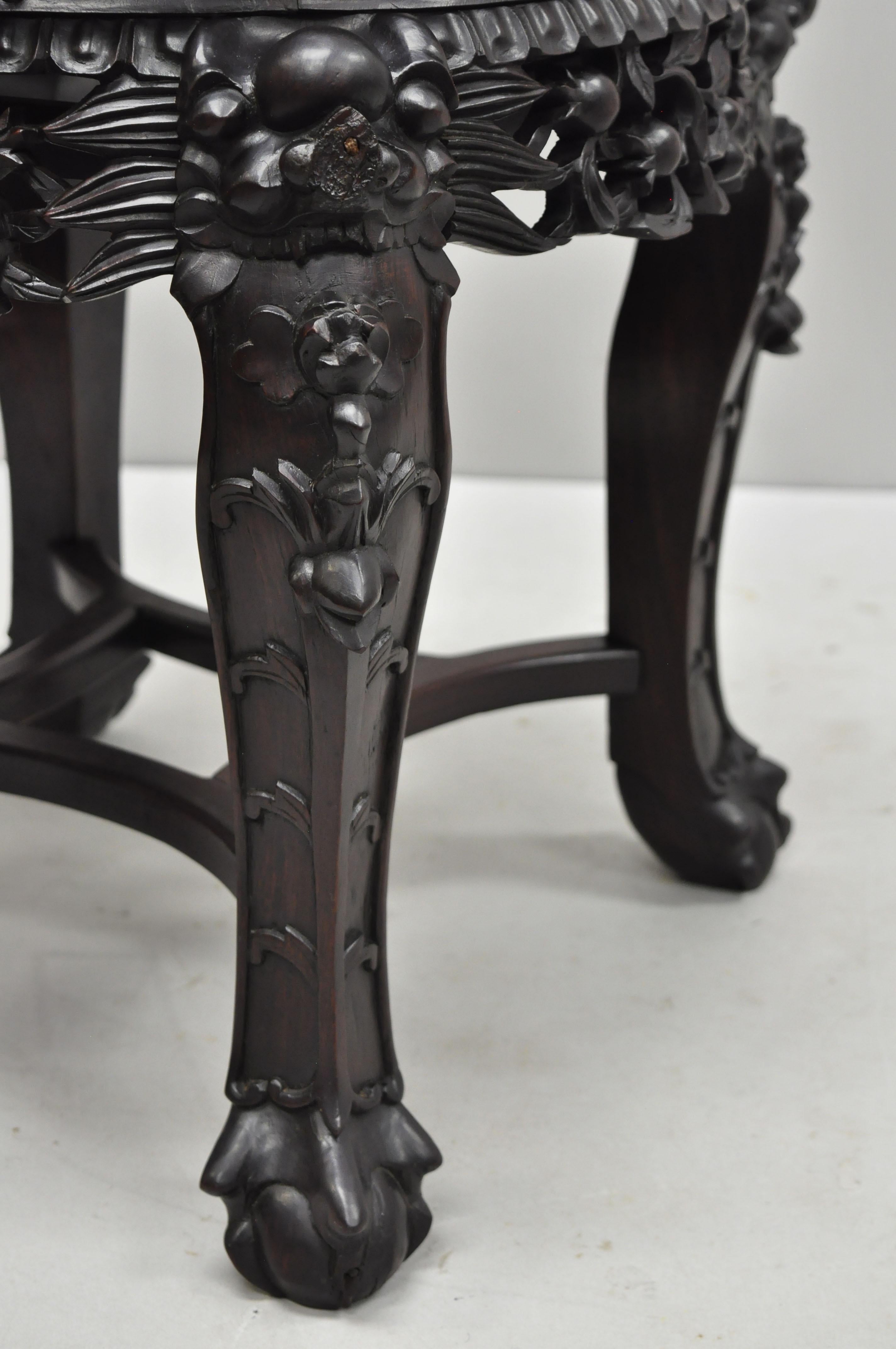 Antique Carved Hardwood Rosewood Marble-Top Chinese Pedestal Table Plant Stand B In Good Condition In Philadelphia, PA