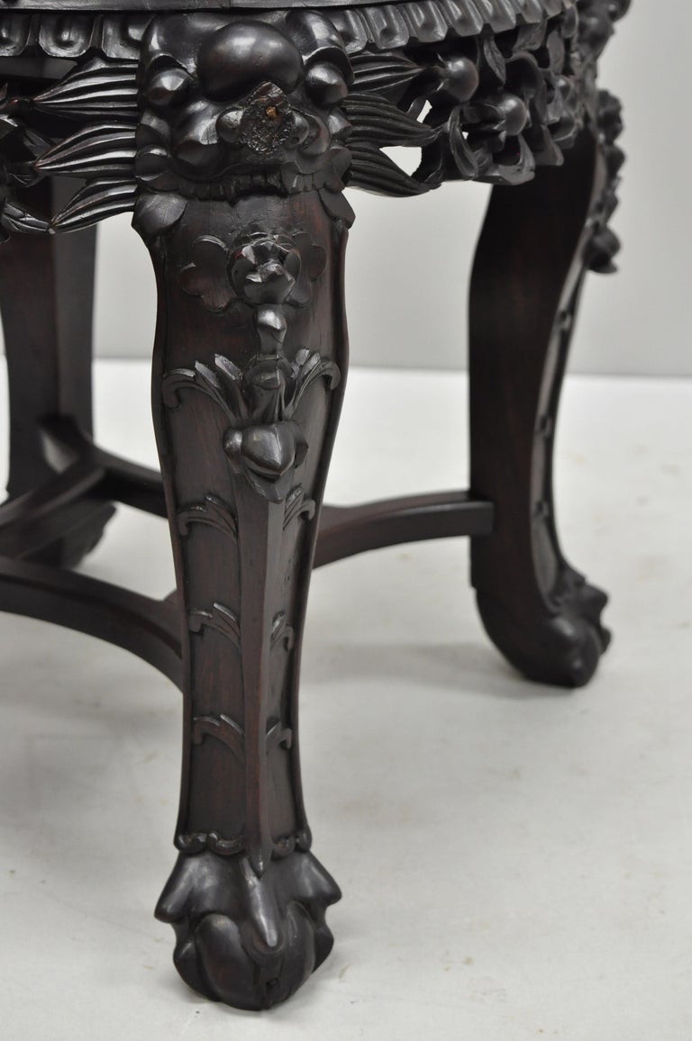 Antique Carved Hardwood Rosewood Marble-Top Chinese Pedestal Table Plant Stand B For Sale 2