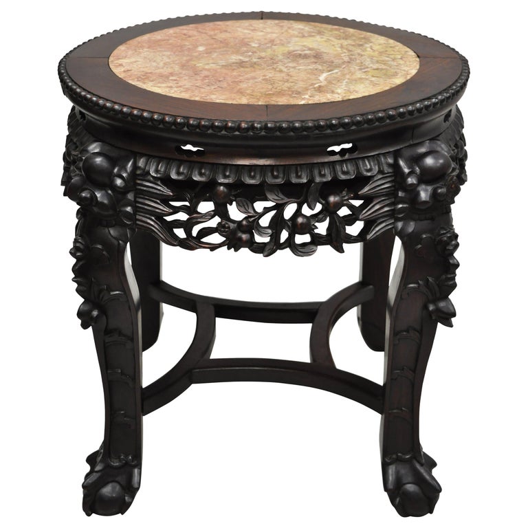 Antique Carved Hardwood Rosewood Marble-Top Chinese Pedestal Table Plant Stand B For Sale