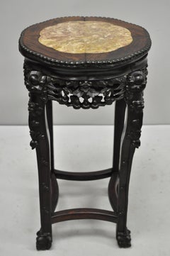 Antike geschnitzt Hartholz Palisander Marmor-Top Chinesisch Sockel Tabelle Pflanze Stand C