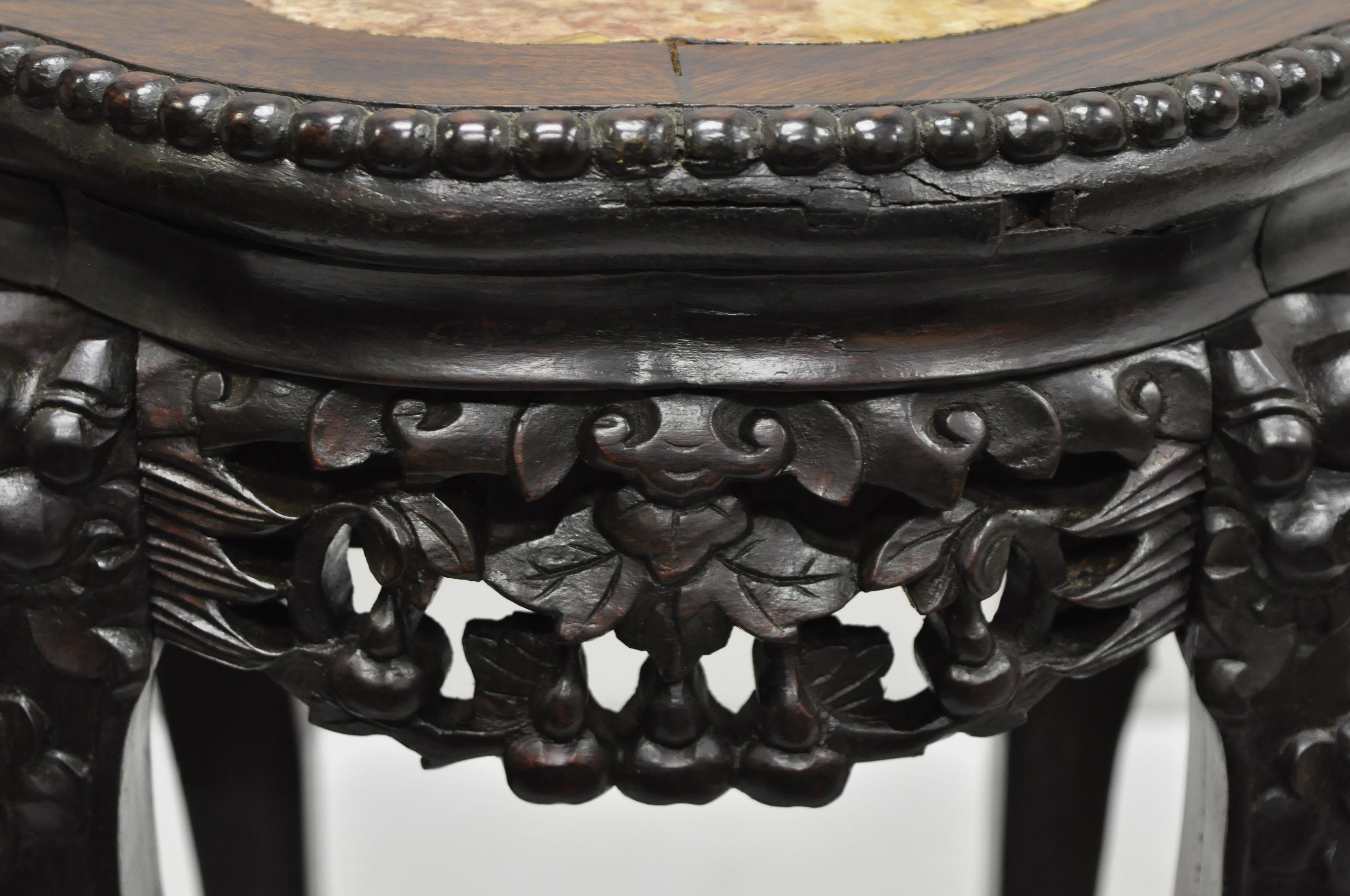 Chinoiserie Antique Carved Hardwood Rosewood Marble-Top Chinese Pedestal Table Plant Stand C