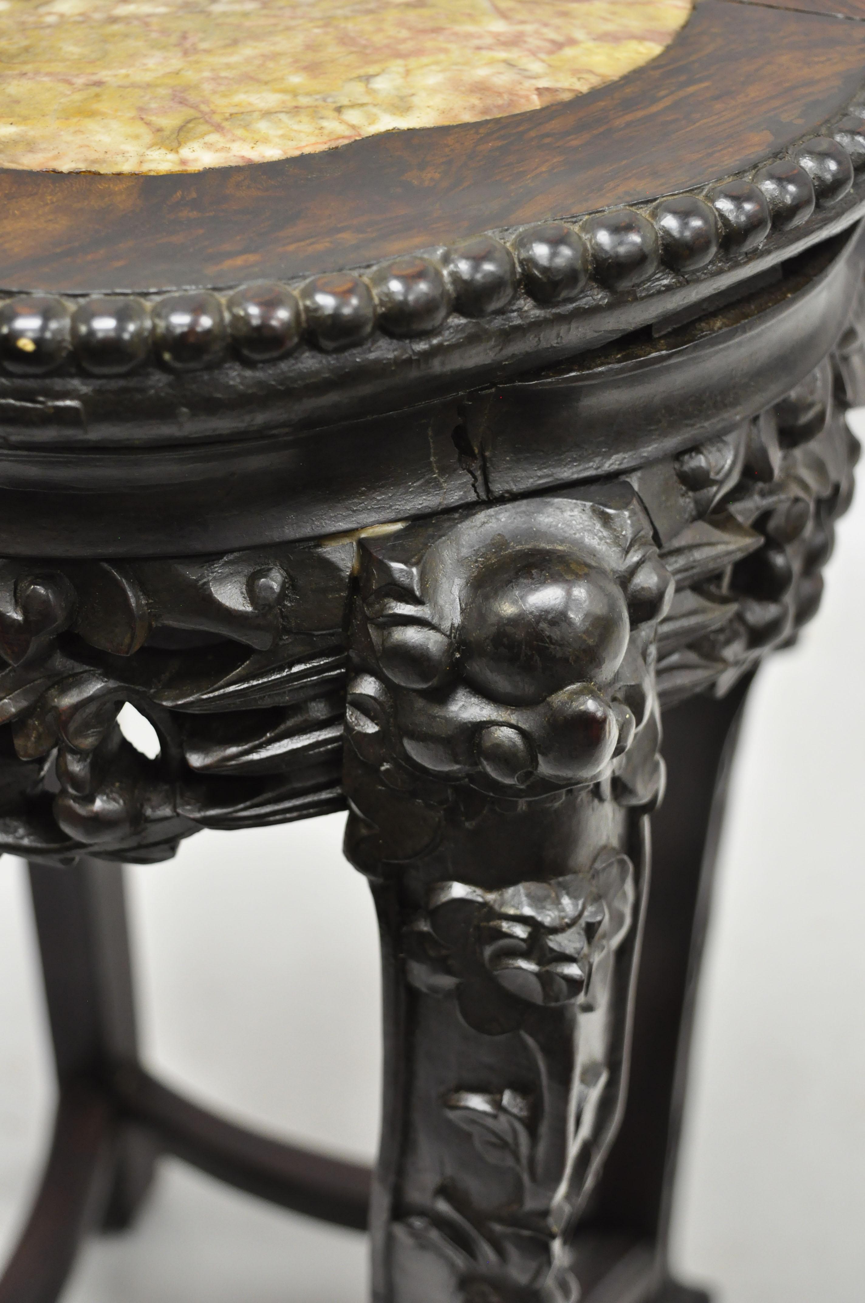 Antique Carved Hardwood Rosewood Marble-Top Chinese Pedestal Table Plant Stand C In Good Condition In Philadelphia, PA