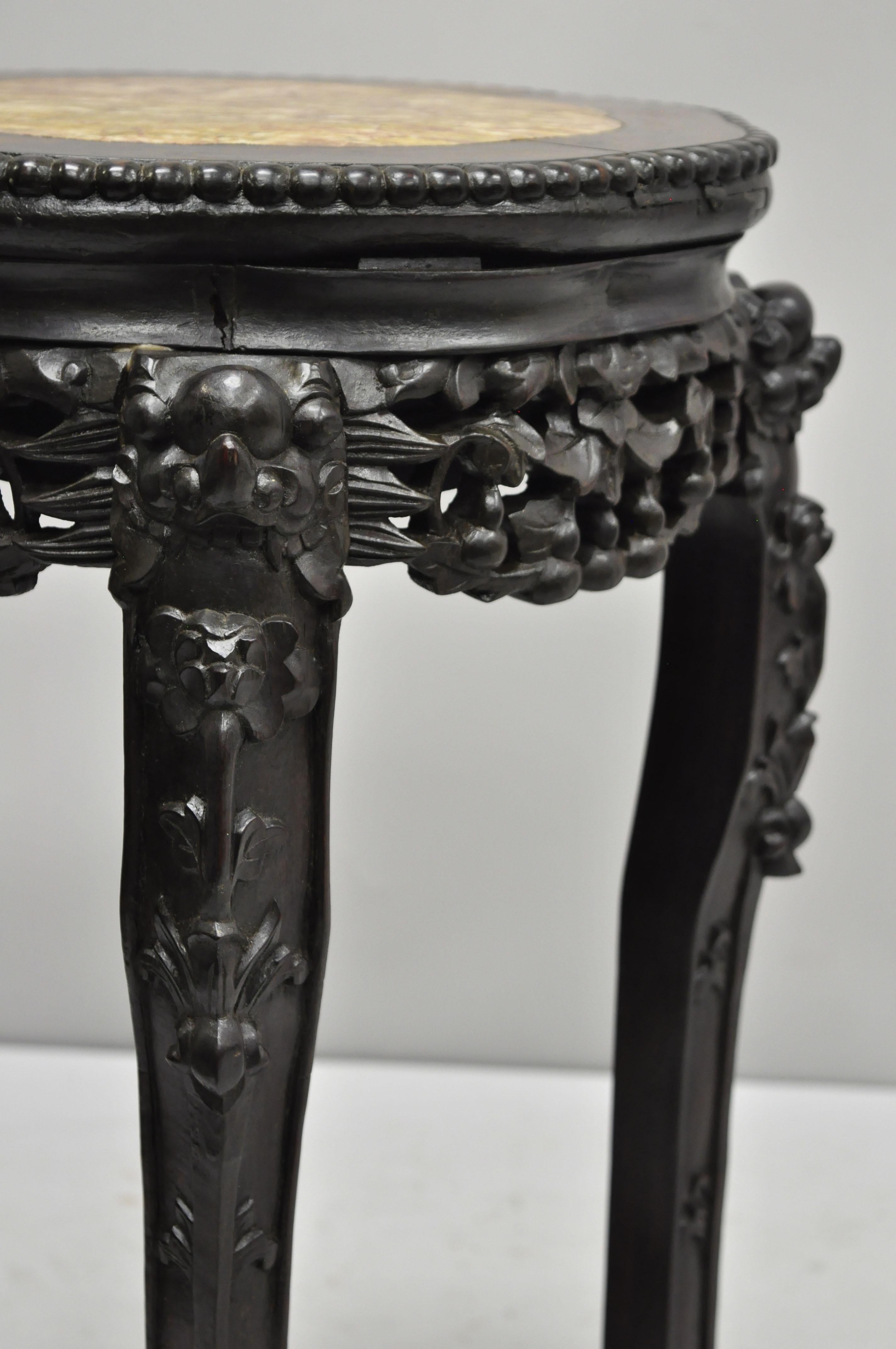 19th Century Antique Carved Hardwood Rosewood Marble-Top Chinese Pedestal Table Plant Stand C