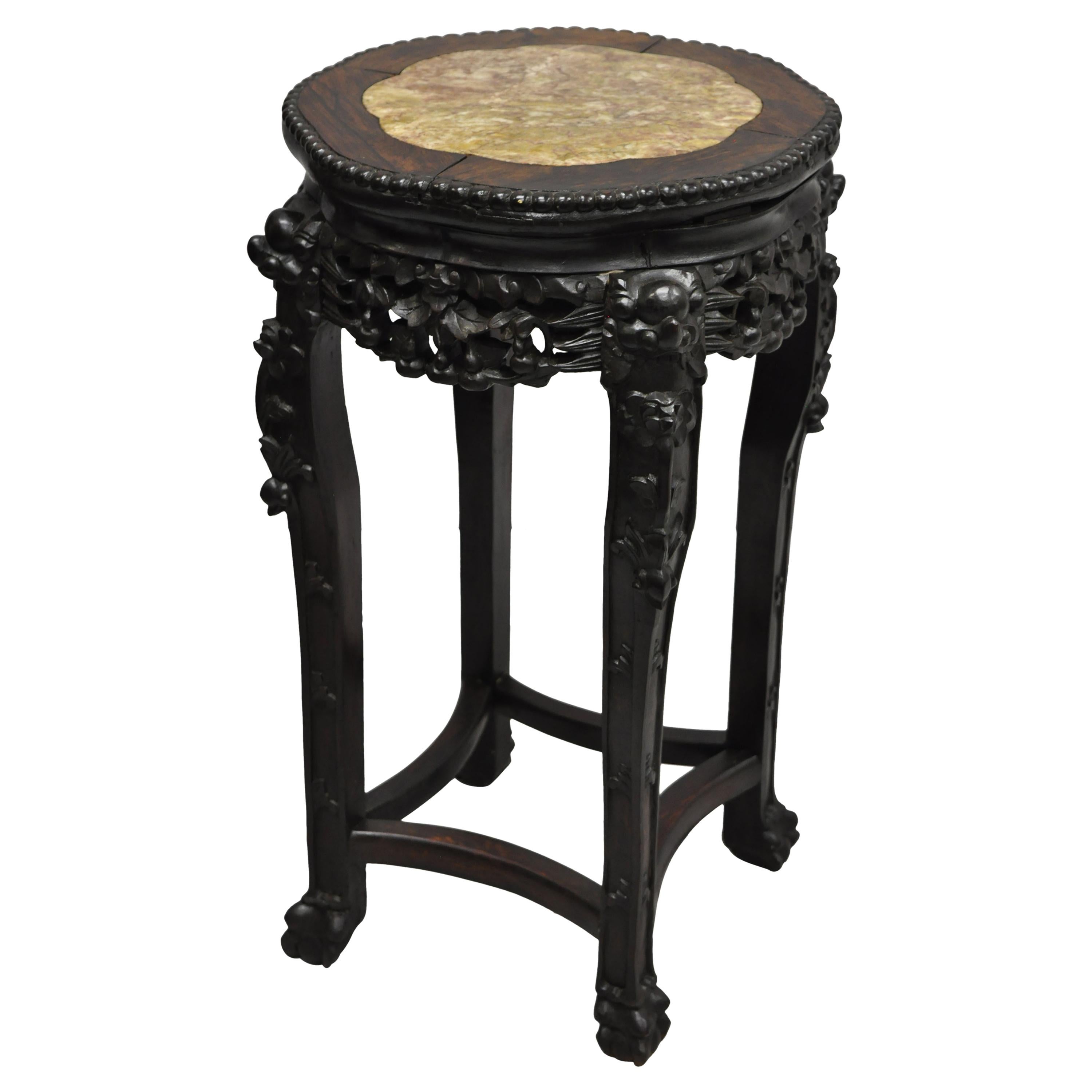 Antique Carved Hardwood Rosewood Marble-Top Chinese Pedestal Table Plant Stand C
