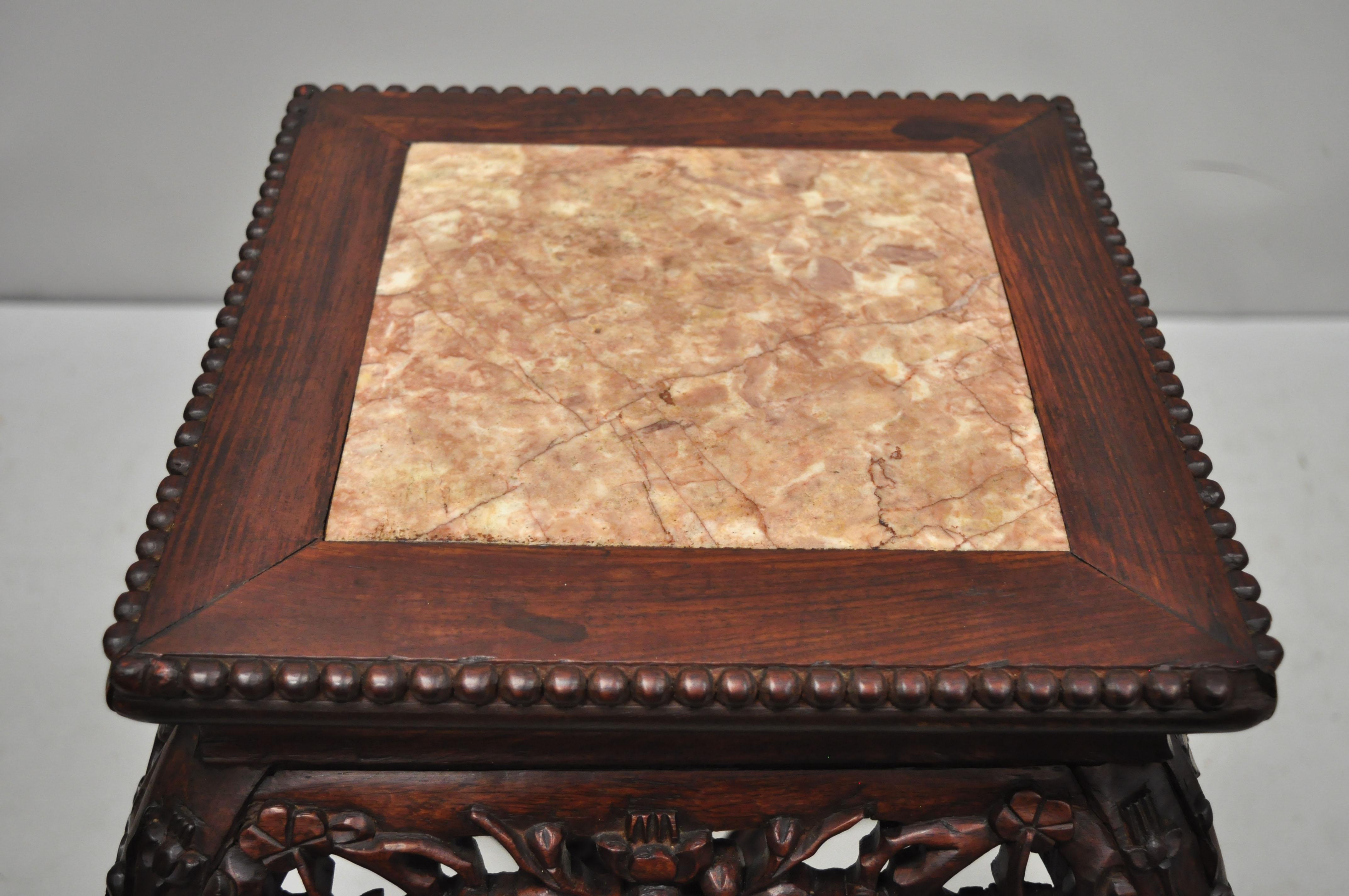Antique Carved Hardwood Rosewood Marble-Top Chinese Pedestal Table Plant Stand D In Good Condition In Philadelphia, PA
