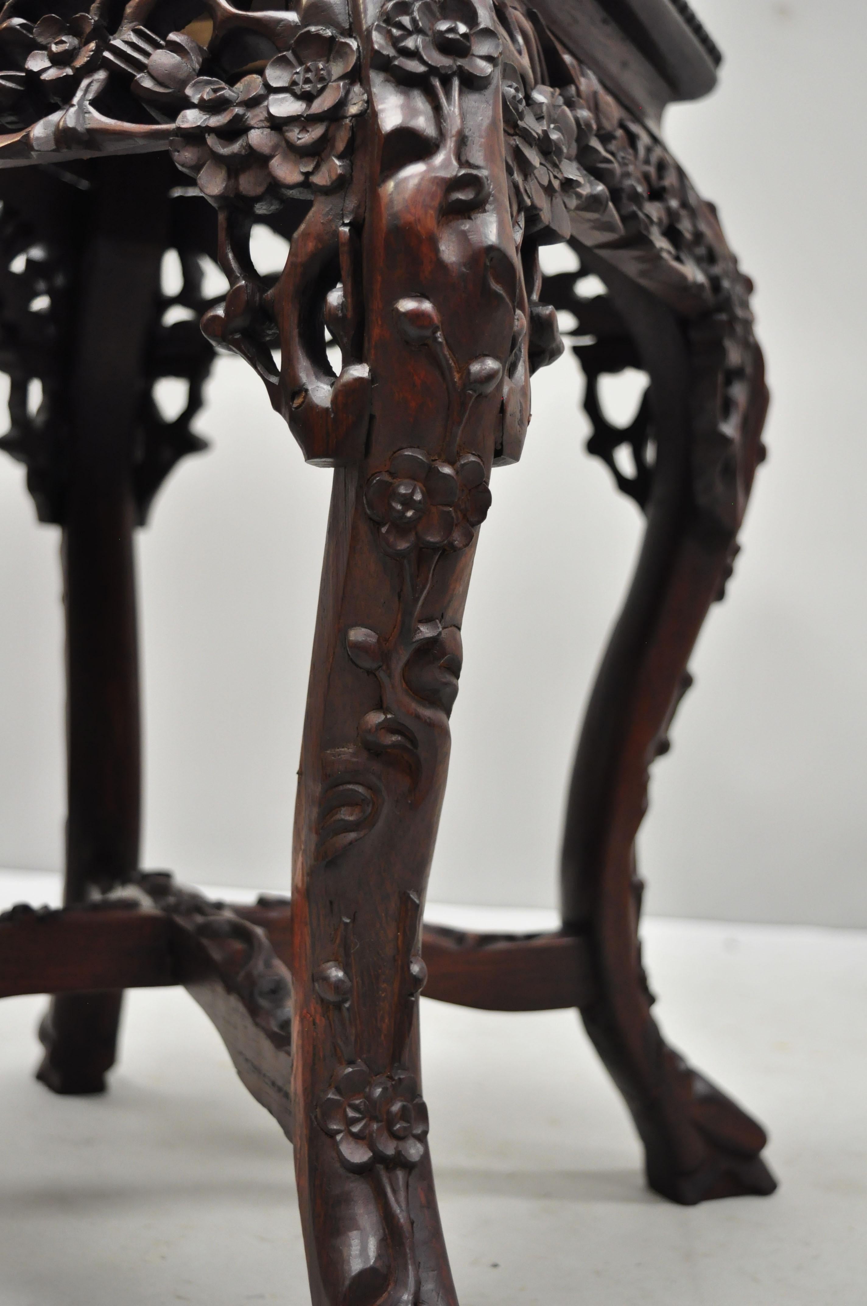 19th Century Antique Carved Hardwood Rosewood Marble-Top Chinese Pedestal Table Plant Stand D