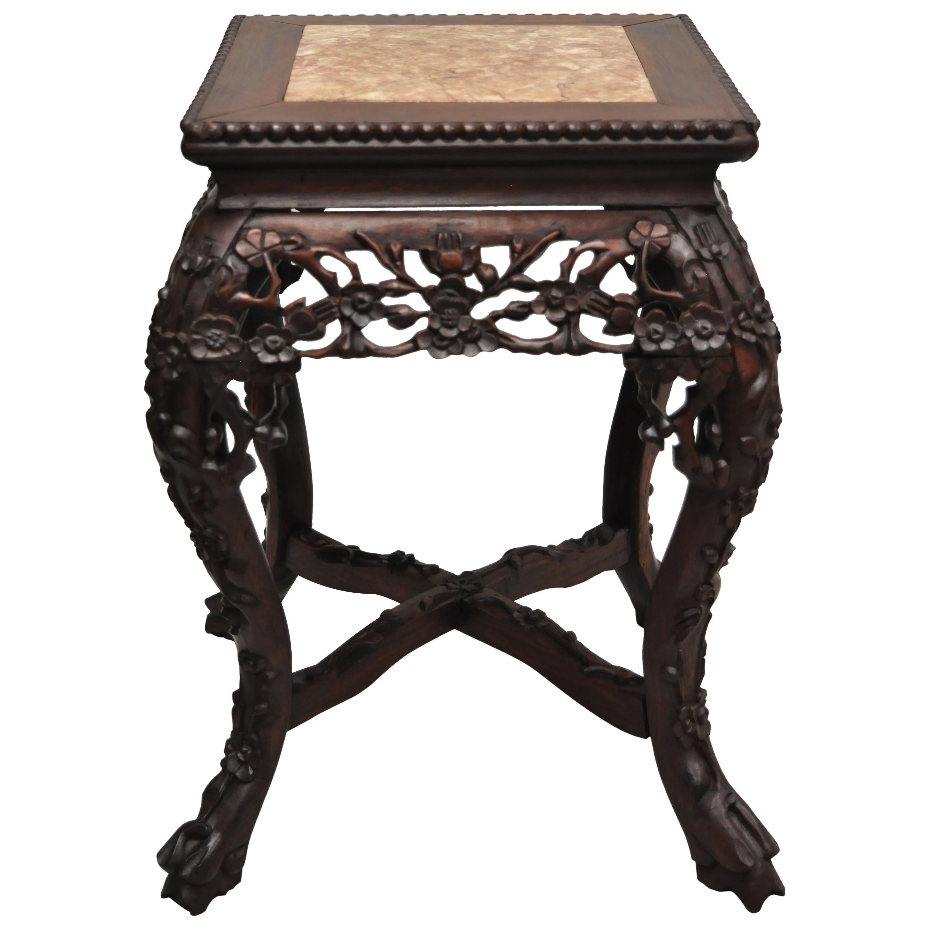 Antique Carved Hardwood Rosewood Marble-Top Chinese Pedestal Table Plant Stand D