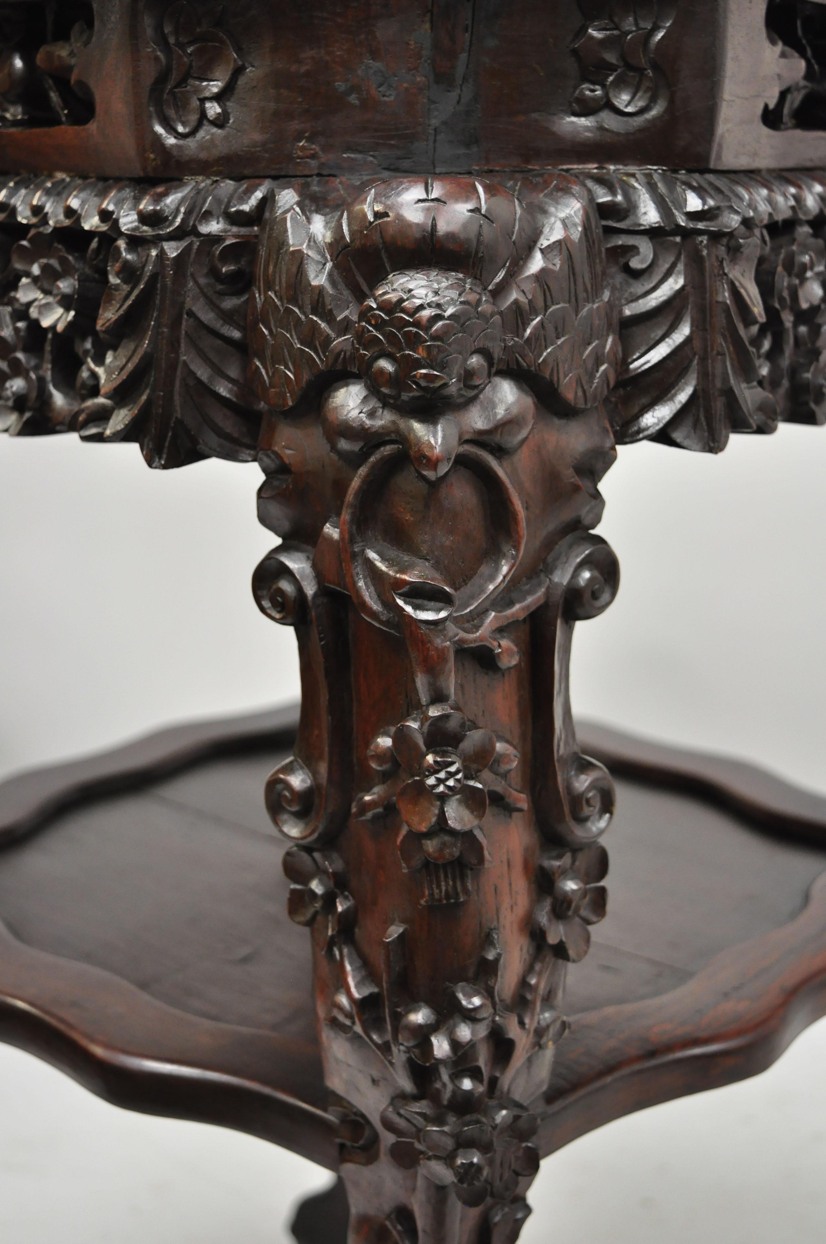 Antique Carved Hardwood Rosewood Marble-Top Chinese Pedestal Table Plant Stand G In Good Condition In Philadelphia, PA