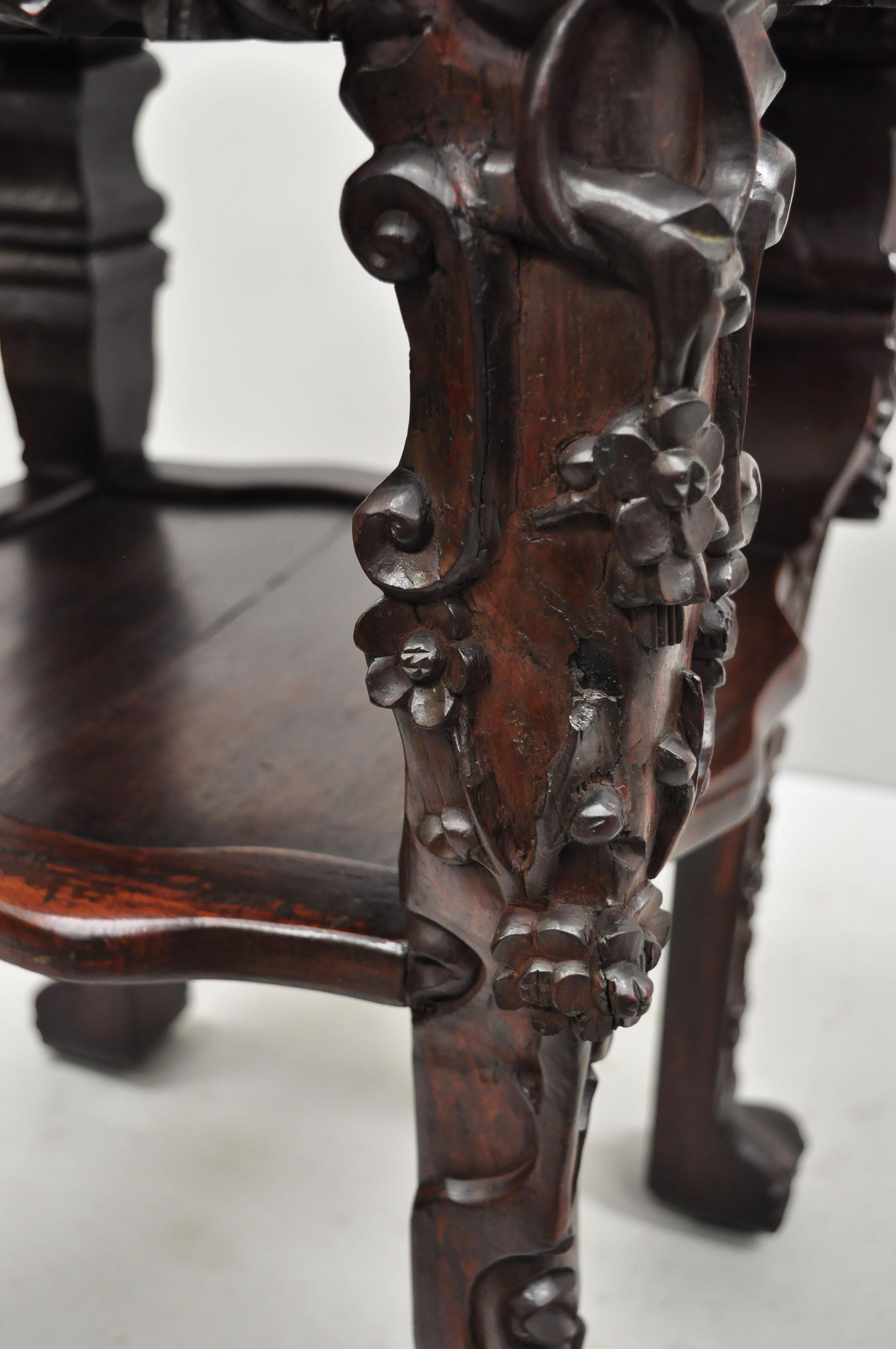 19th Century Antique Carved Hardwood Rosewood Marble-Top Chinese Pedestal Table Plant Stand G