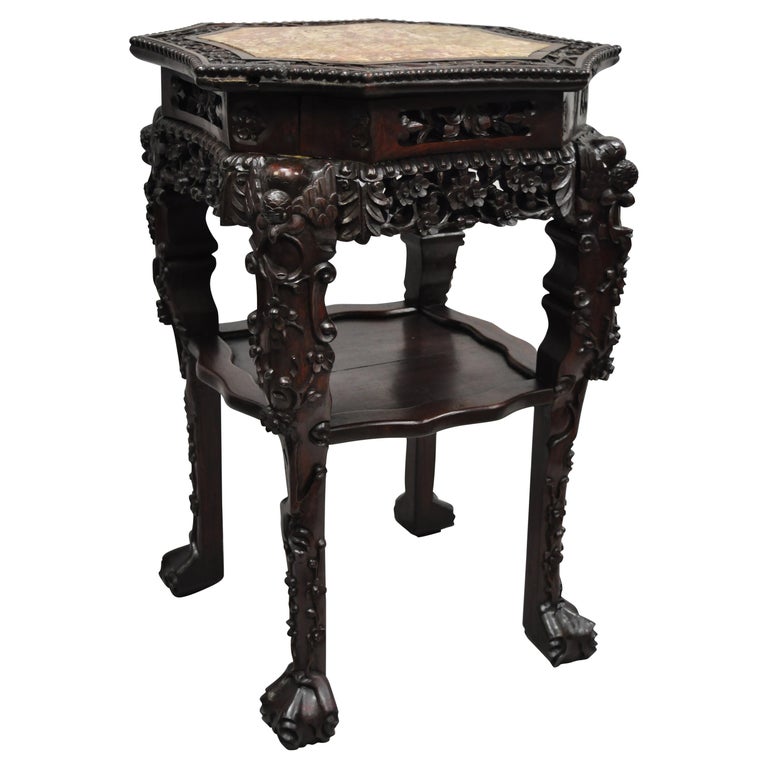 Antique Carved Hardwood Rosewood Marble Top Chinese Pedestal Table Plant Stand G For Sale At 1stdibs