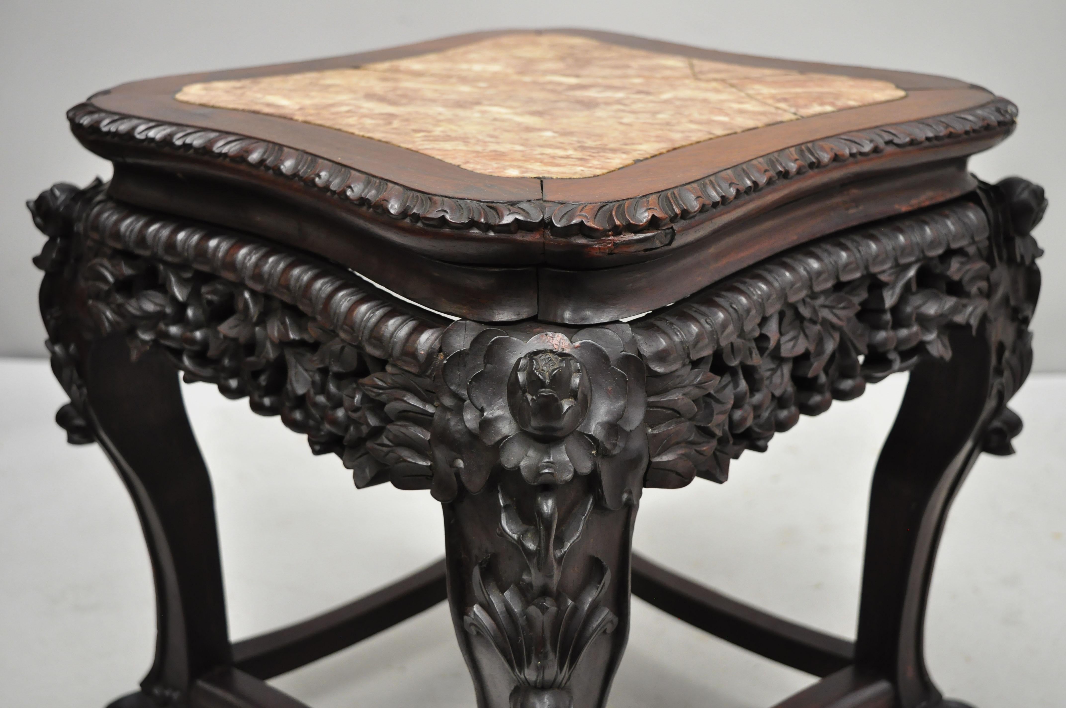 Chinoiserie Antique Carved Hardwood Rosewood Marble-Top Chinese Pedestal Table Plant Stand H