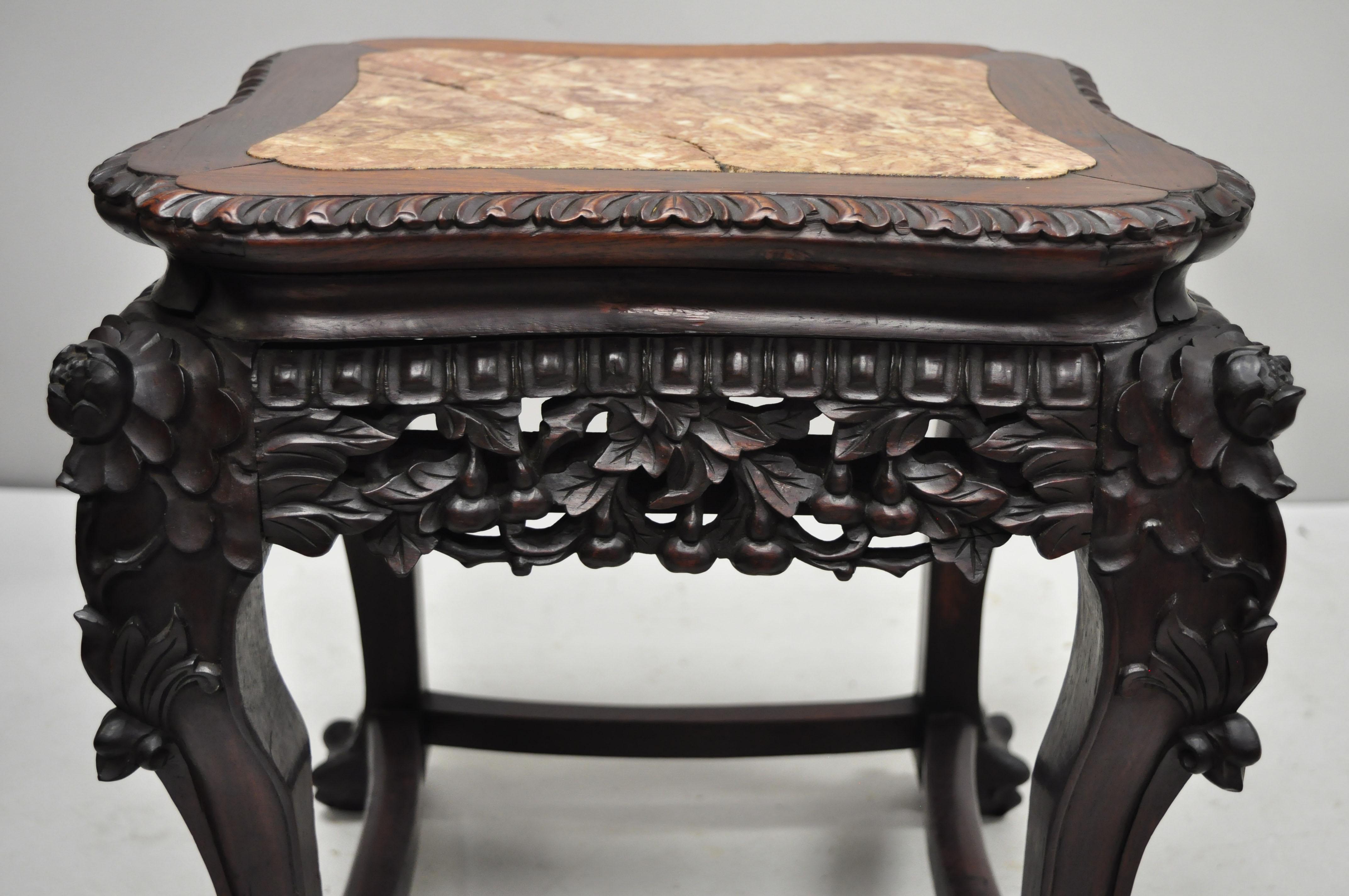 Antique Carved Hardwood Rosewood Marble-Top Chinese Pedestal Table Plant Stand H In Good Condition In Philadelphia, PA