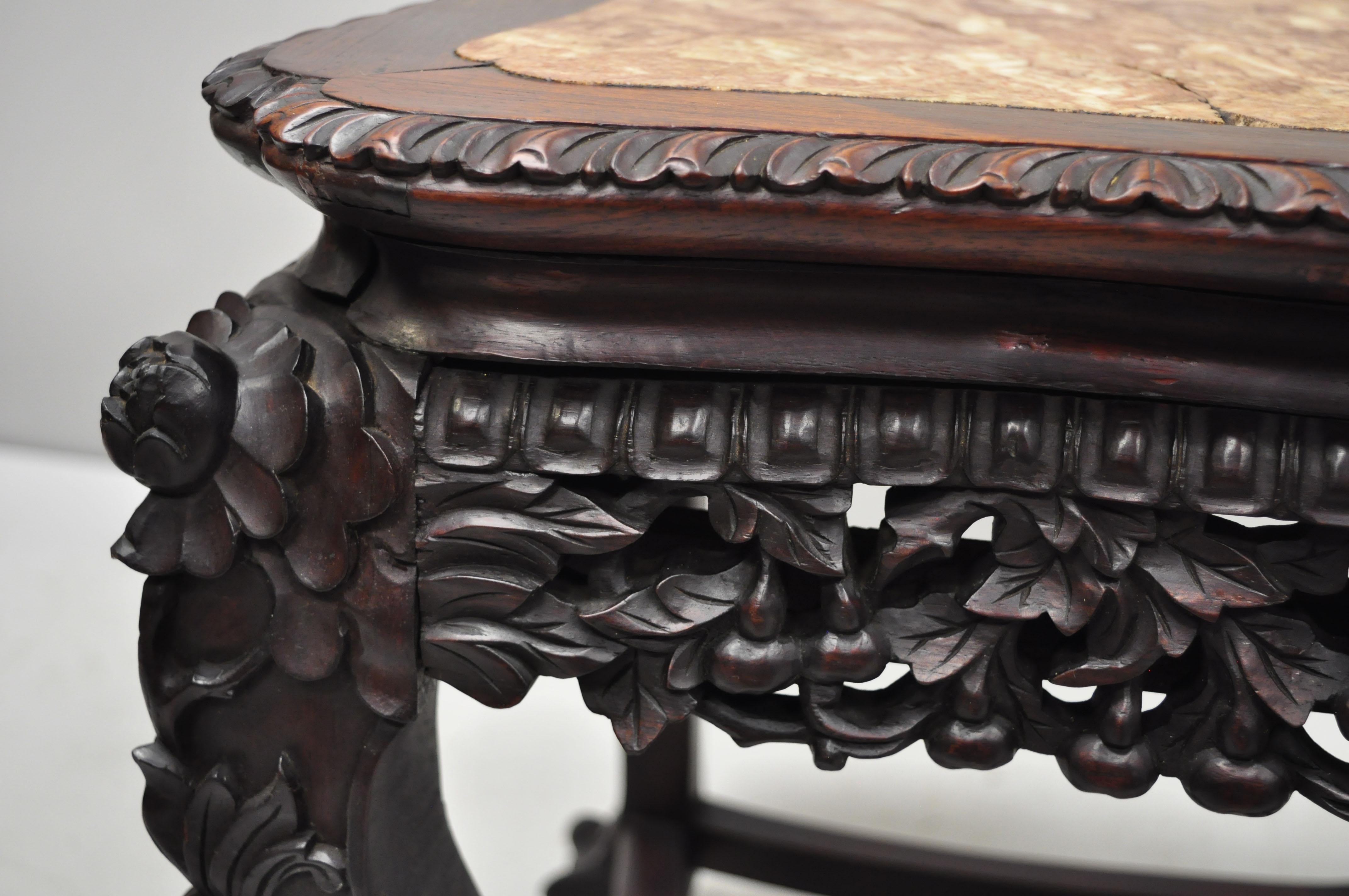 Antique Carved Hardwood Rosewood Marble-Top Chinese Pedestal Table Plant Stand H 2
