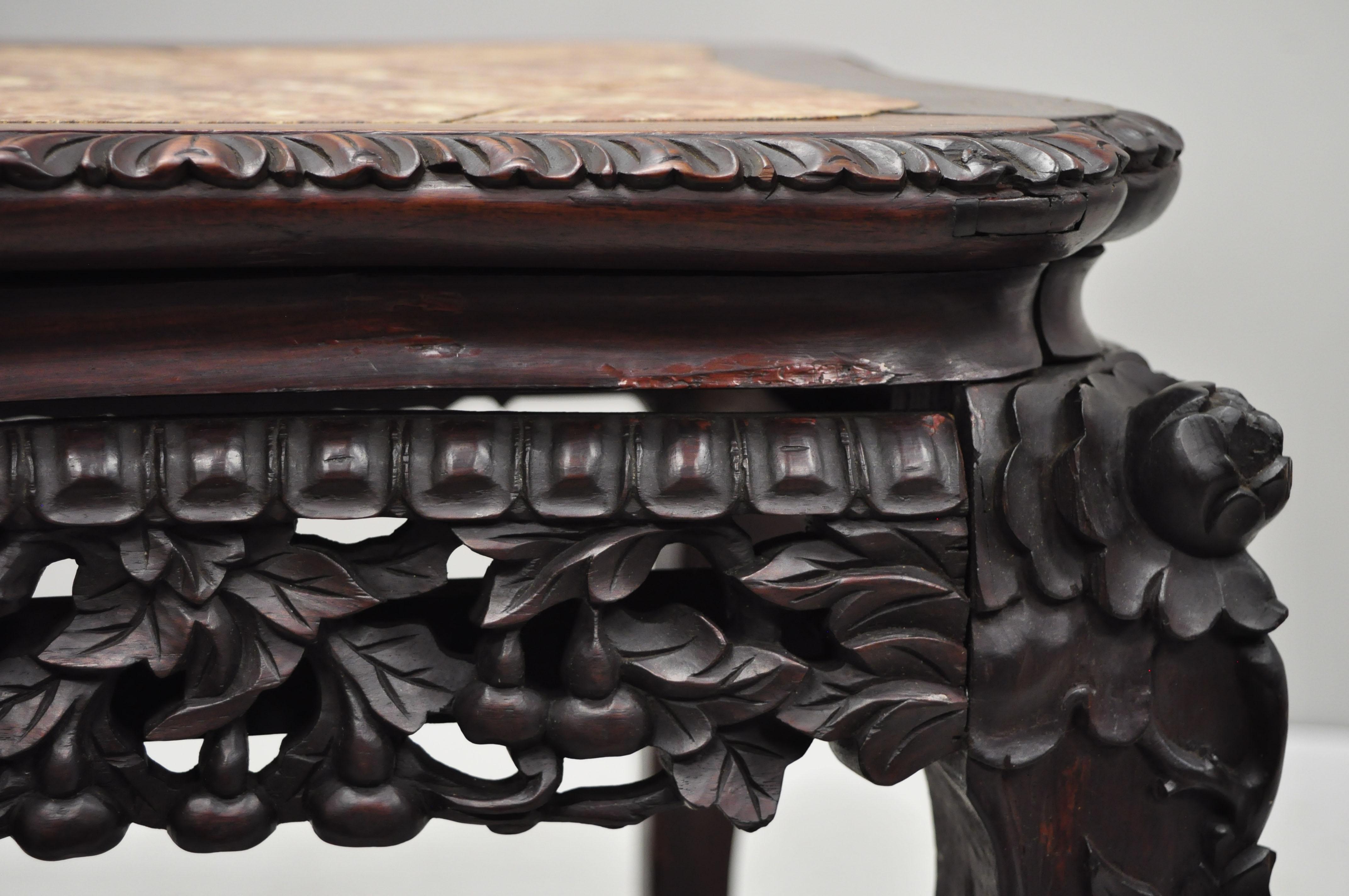 Antique Carved Hardwood Rosewood Marble-Top Chinese Pedestal Table Plant Stand H 3