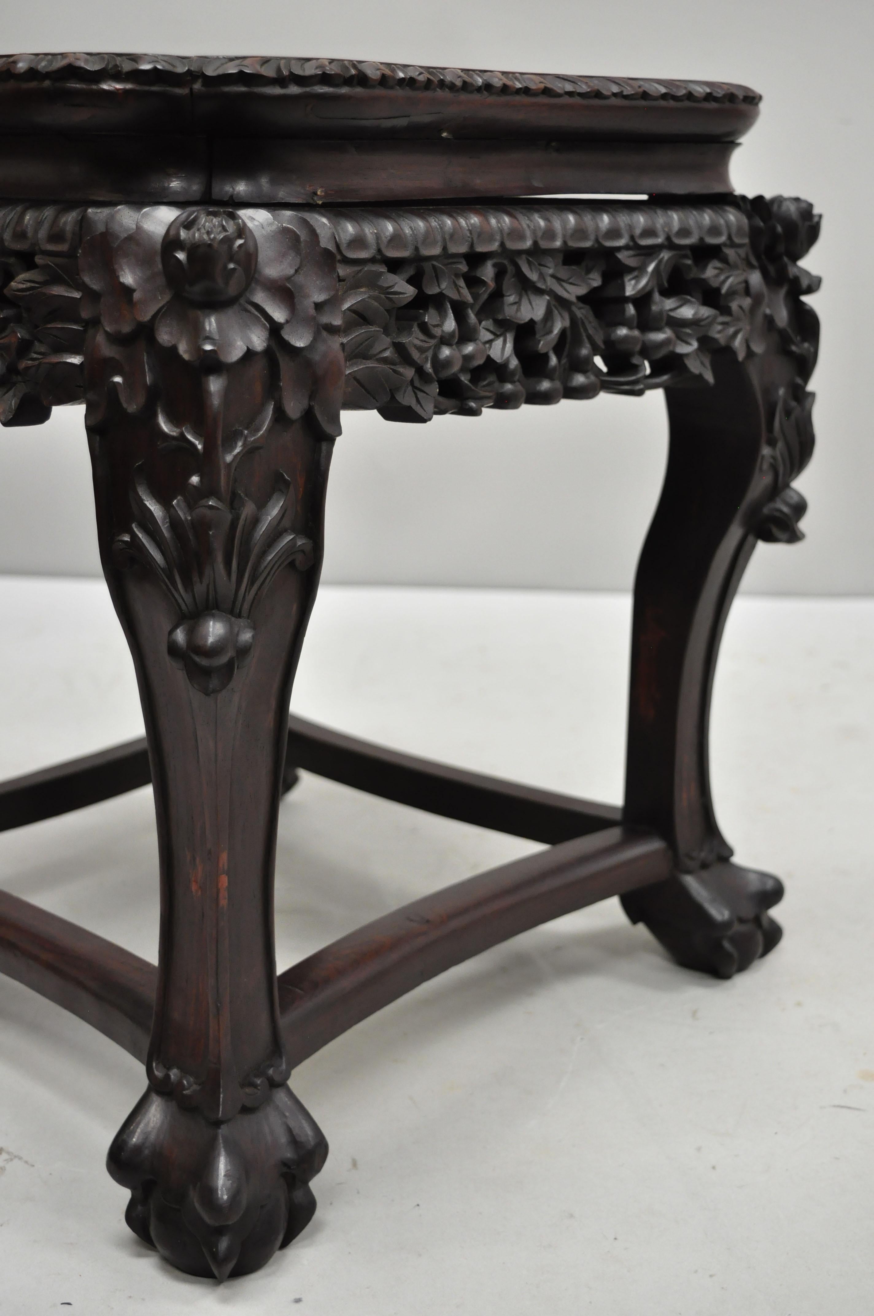 Antique Carved Hardwood Rosewood Marble-Top Chinese Pedestal Table Plant Stand H 4