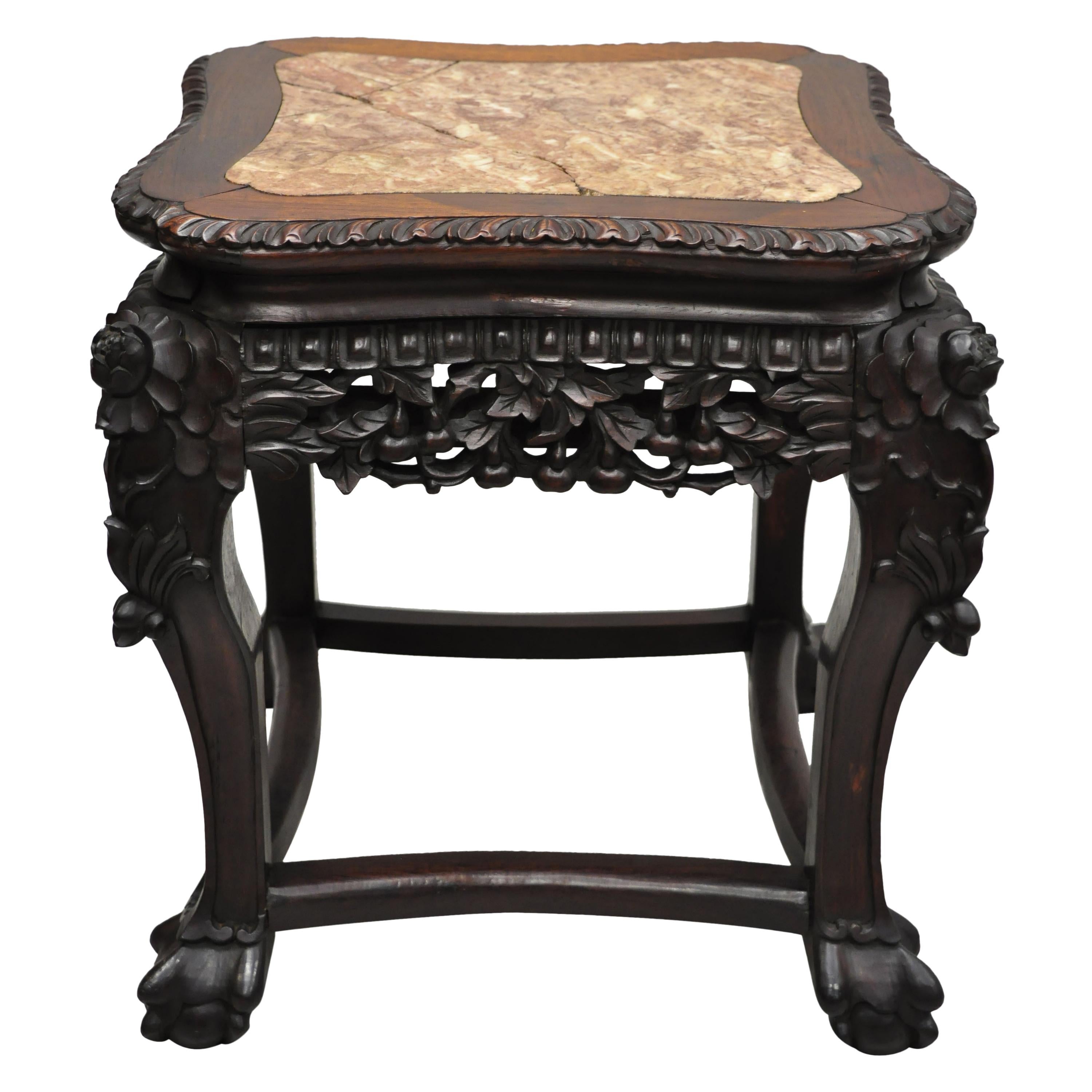 Antique Carved Hardwood Rosewood Marble-Top Chinese Pedestal Table Plant Stand H
